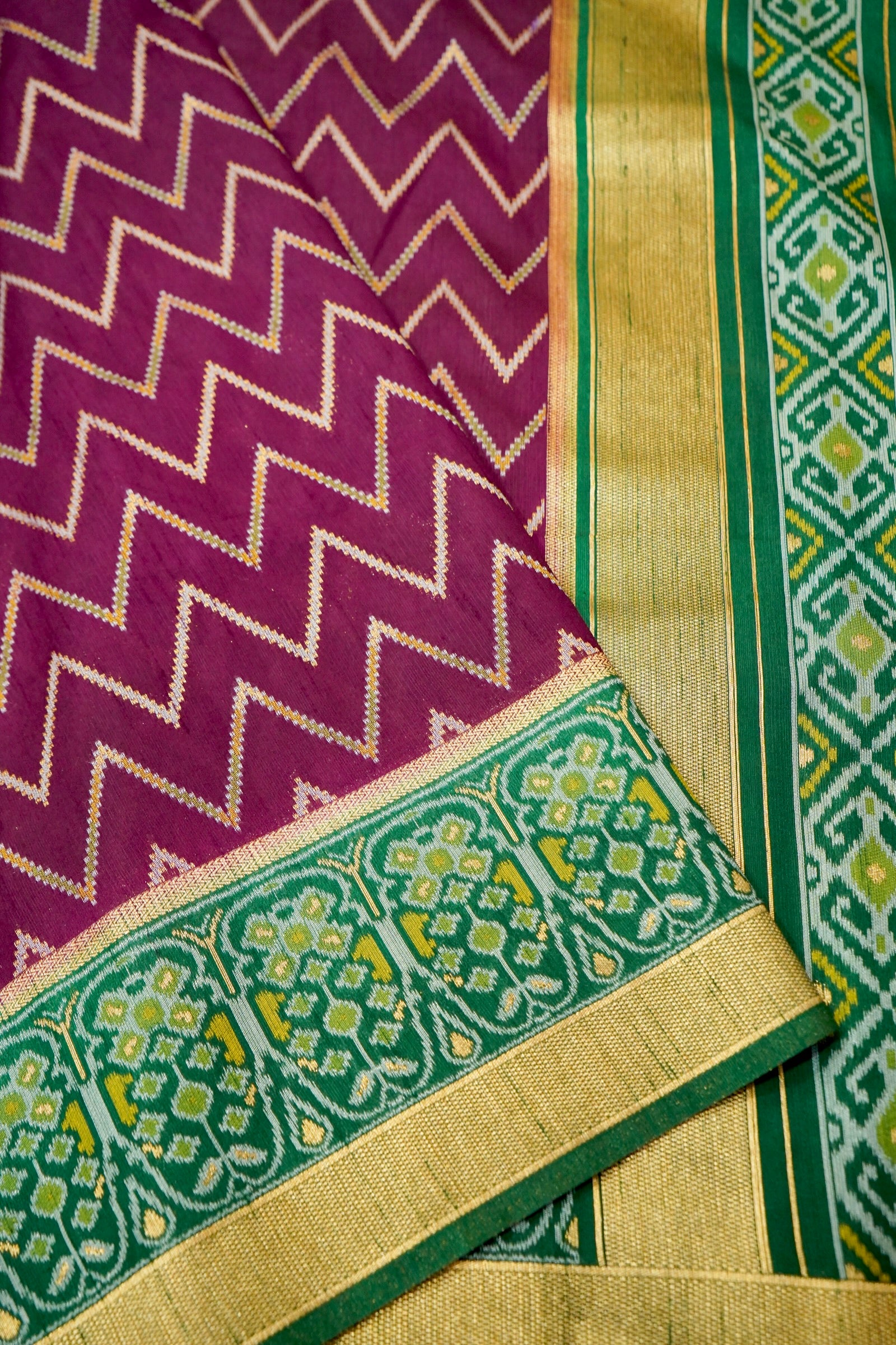 Plum Purple Dupion Patola Saree with Olive-Gold Border & Geometric Ikat Pattern