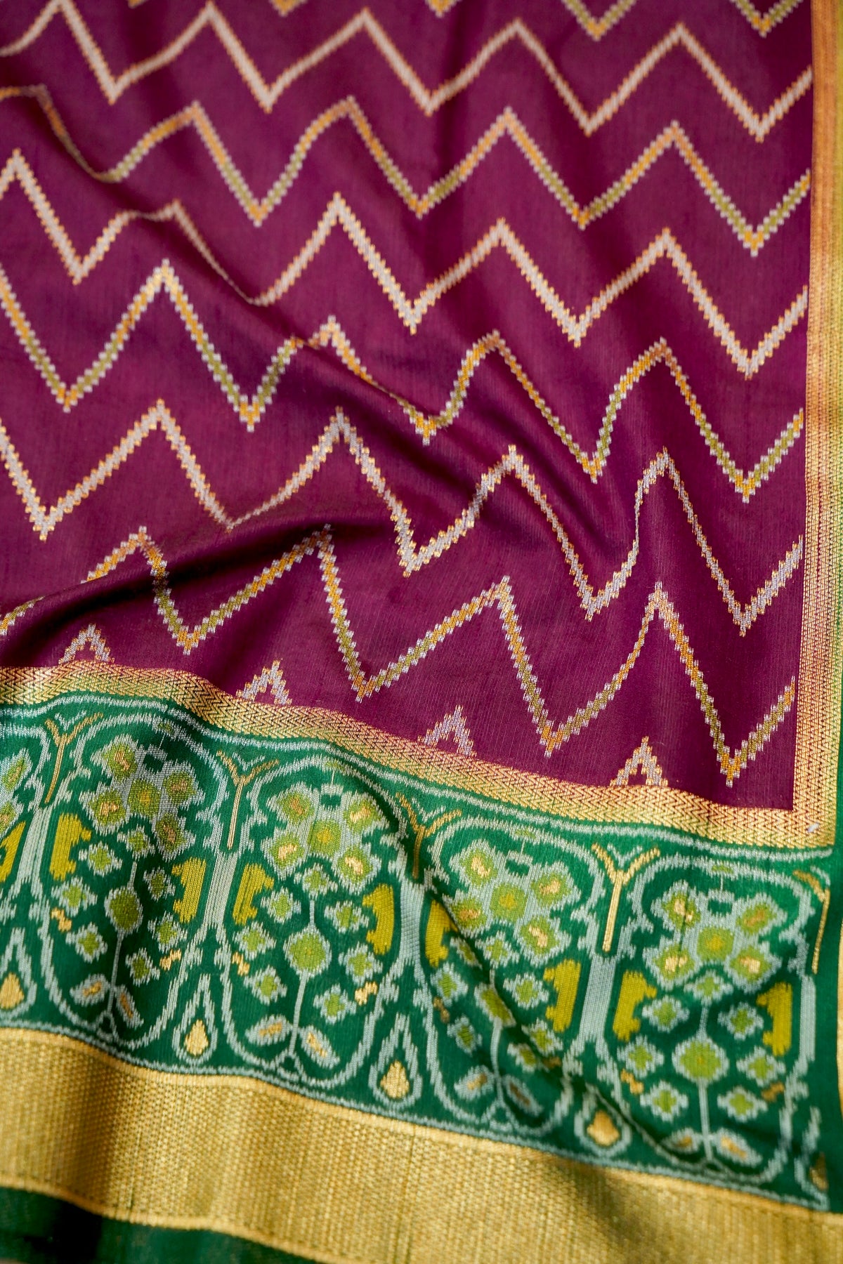 Plum Purple Dupion Patola Saree with Olive-Gold Border & Geometric Ikat Pattern