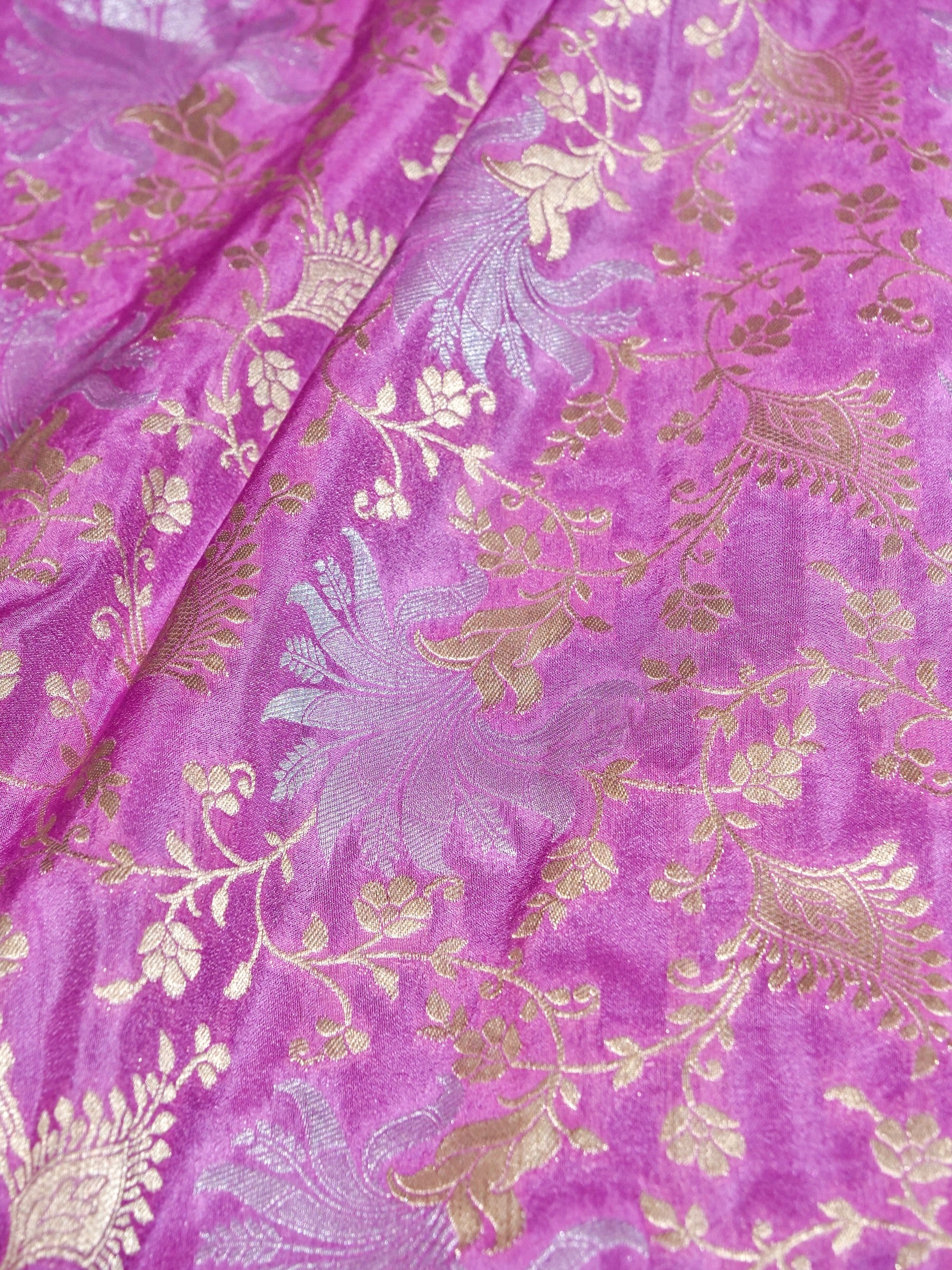 Lavender Pink Crepe Georgette Silk Saree with Purple and Champagne Gold Border