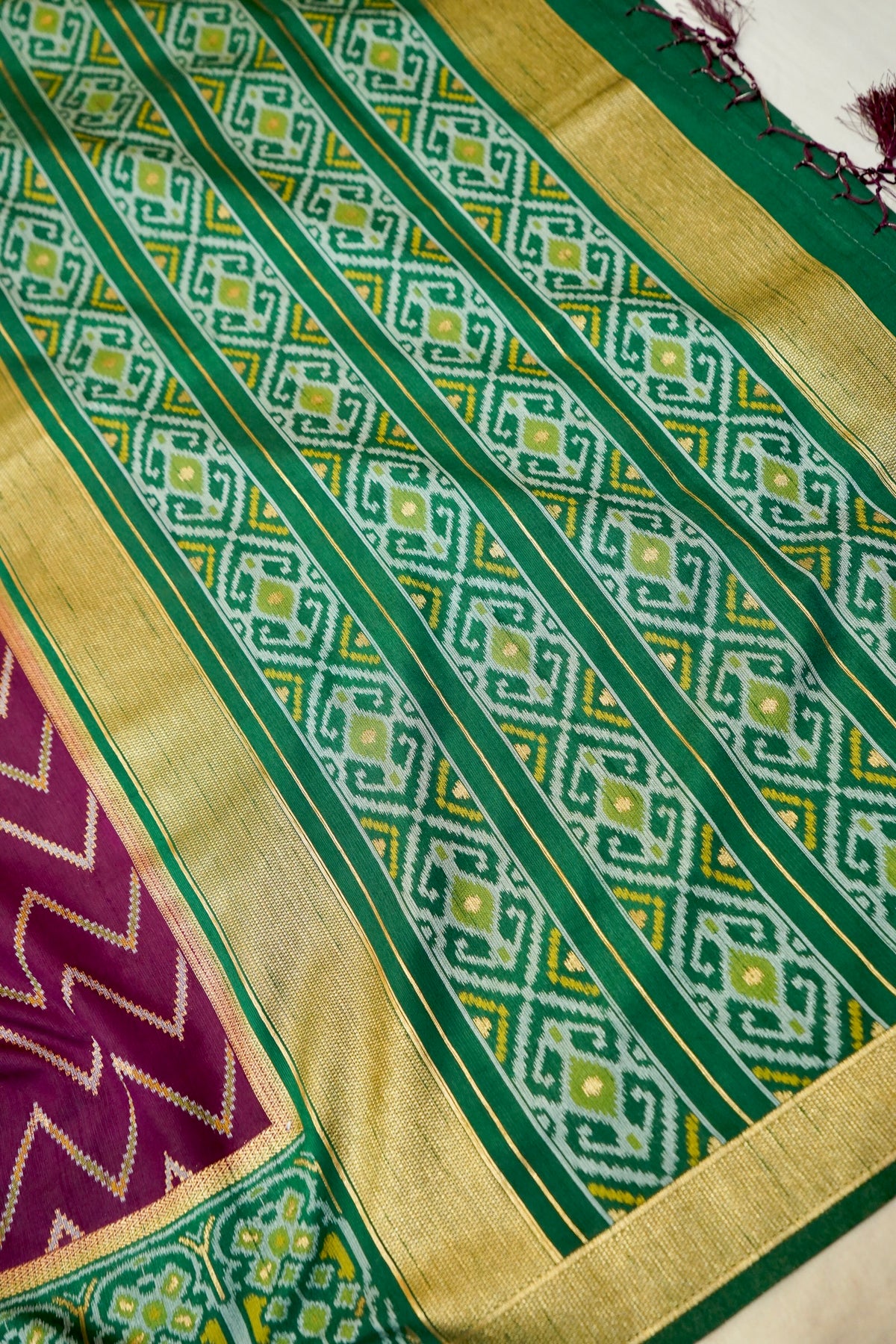 Plum Purple Dupion Patola Saree with Olive-Gold Border & Geometric Ikat Pattern