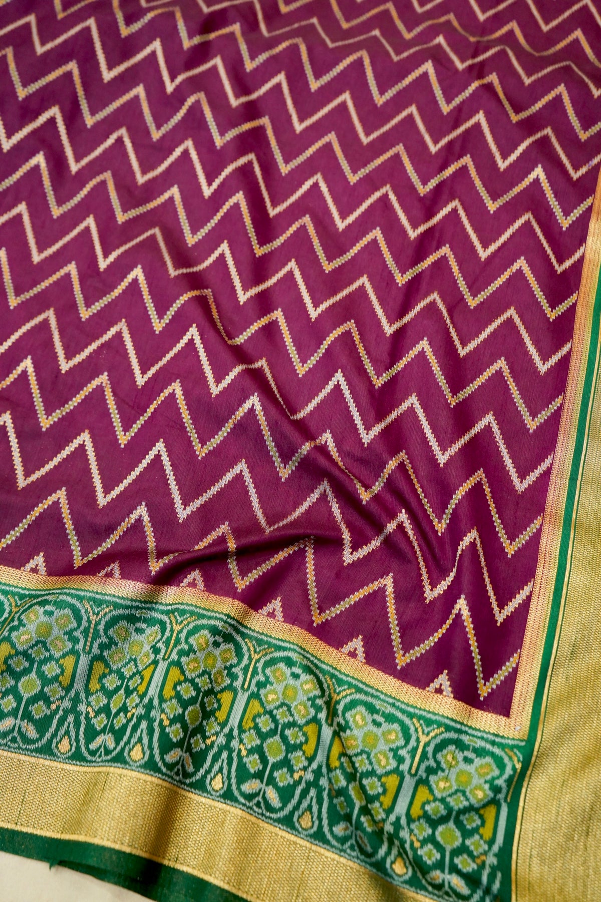 Plum Purple Dupion Patola Saree with Olive-Gold Border & Geometric Ikat Pattern