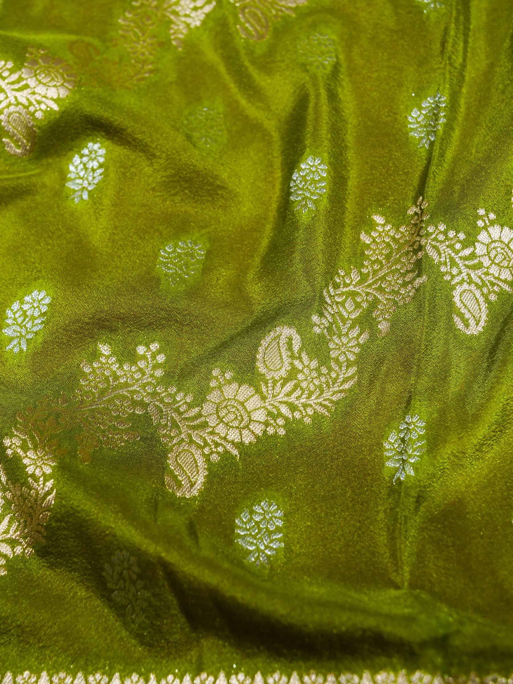 Olive Green Crepe Georgette Silk Saree with Rani Pink and Champagne Gold Border