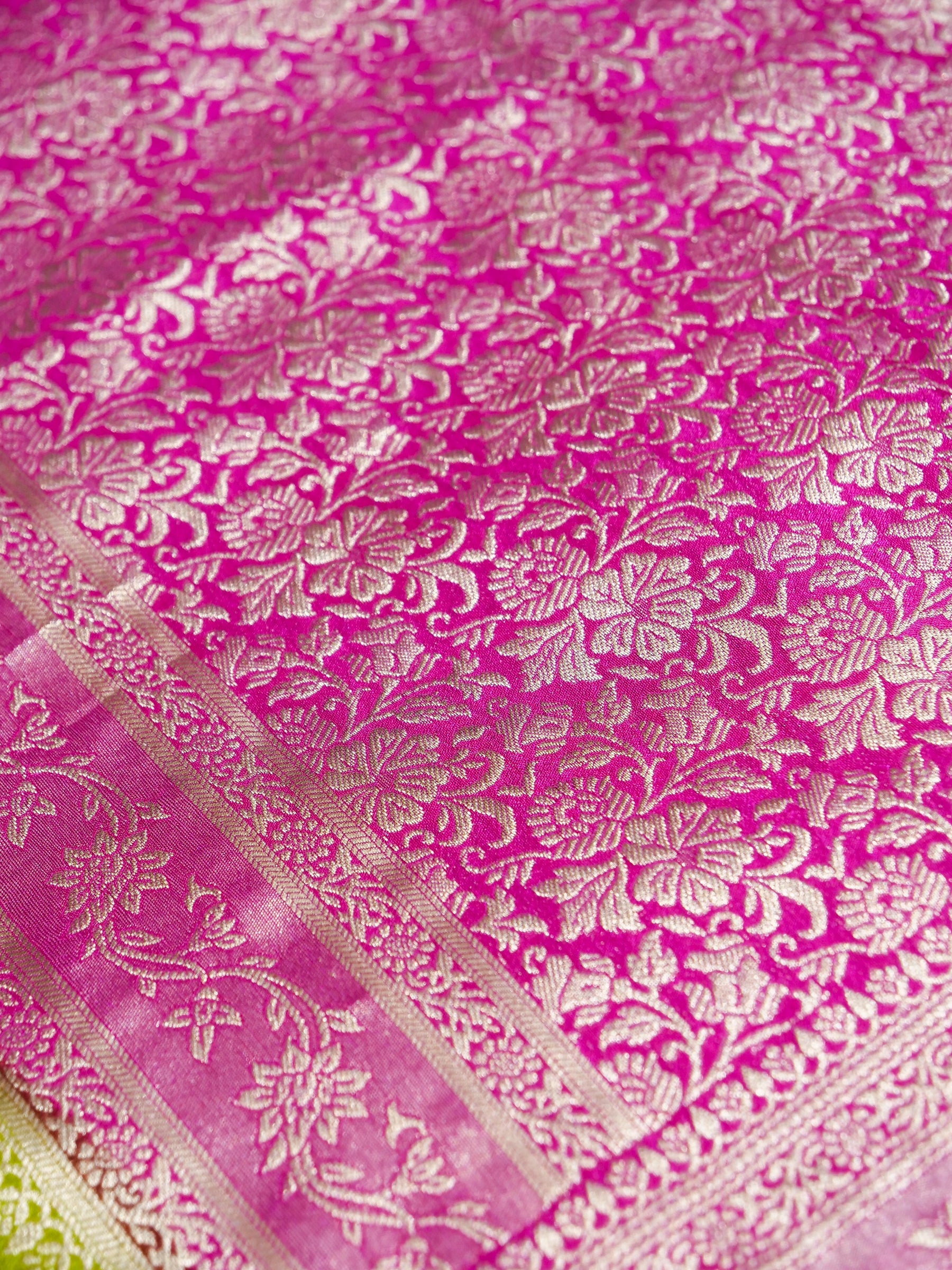 Olive Green Crepe Georgette Silk Saree with Rani Pink and Champagne Gold Border