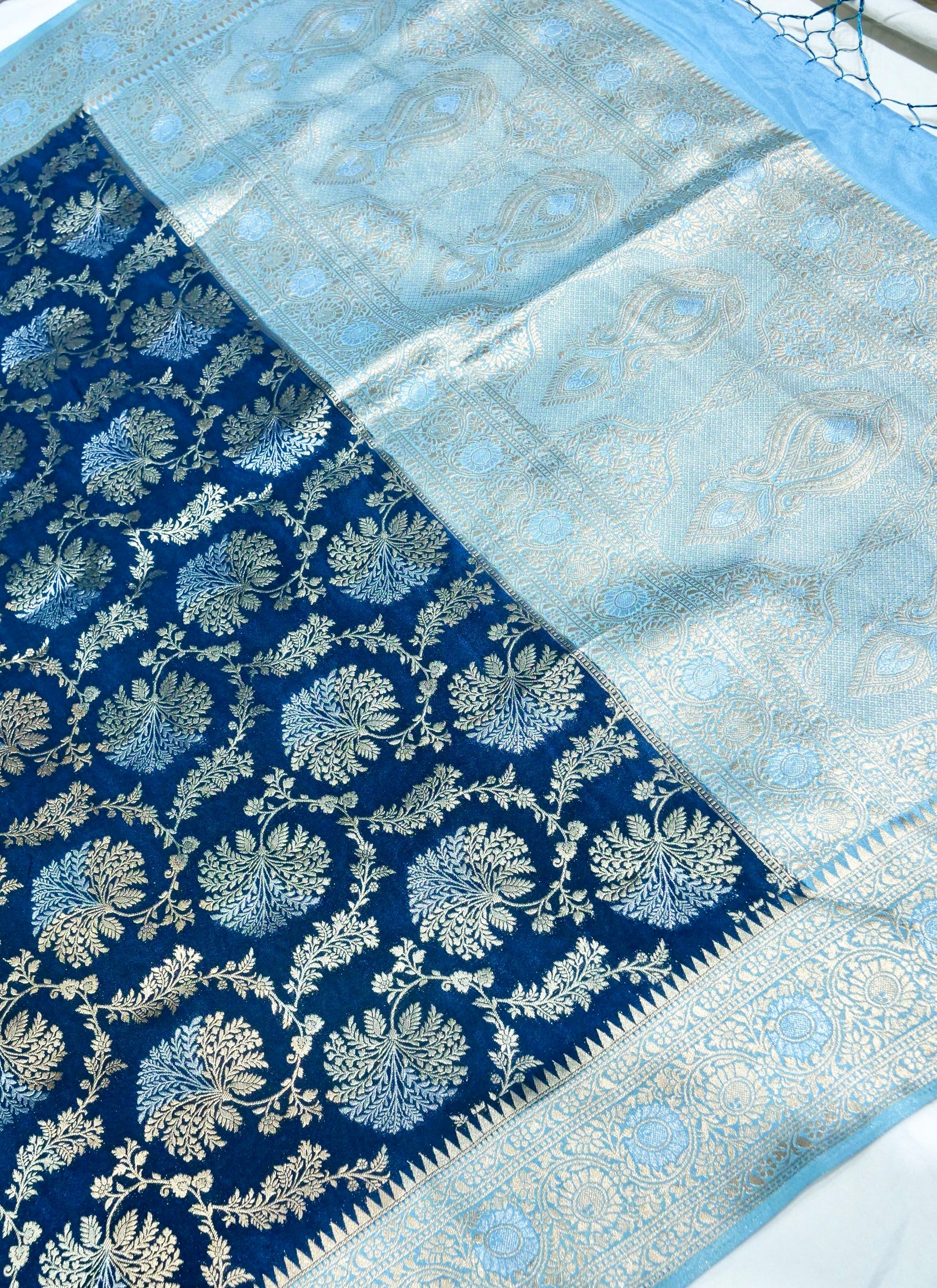 Royal Navy Blue Crepe Georgette Silk Saree with Powder Blue and Champagne Gold Border