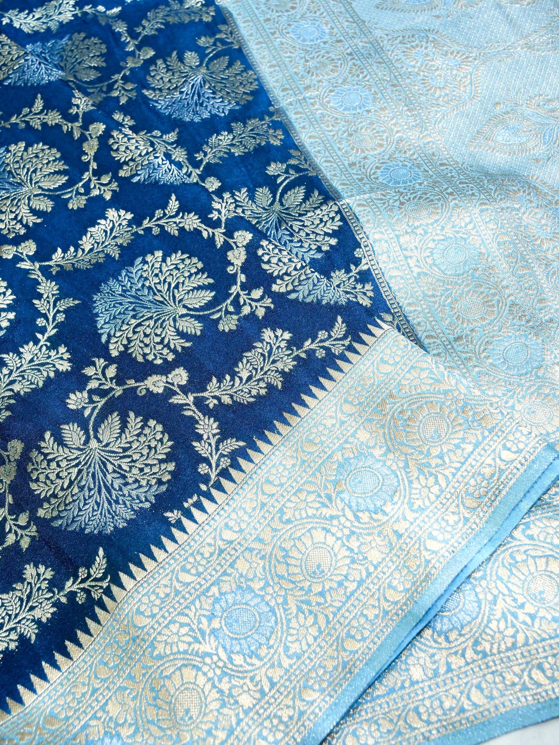 Royal Navy Blue Crepe Georgette Silk Saree with Powder Blue and Champagne Gold Border