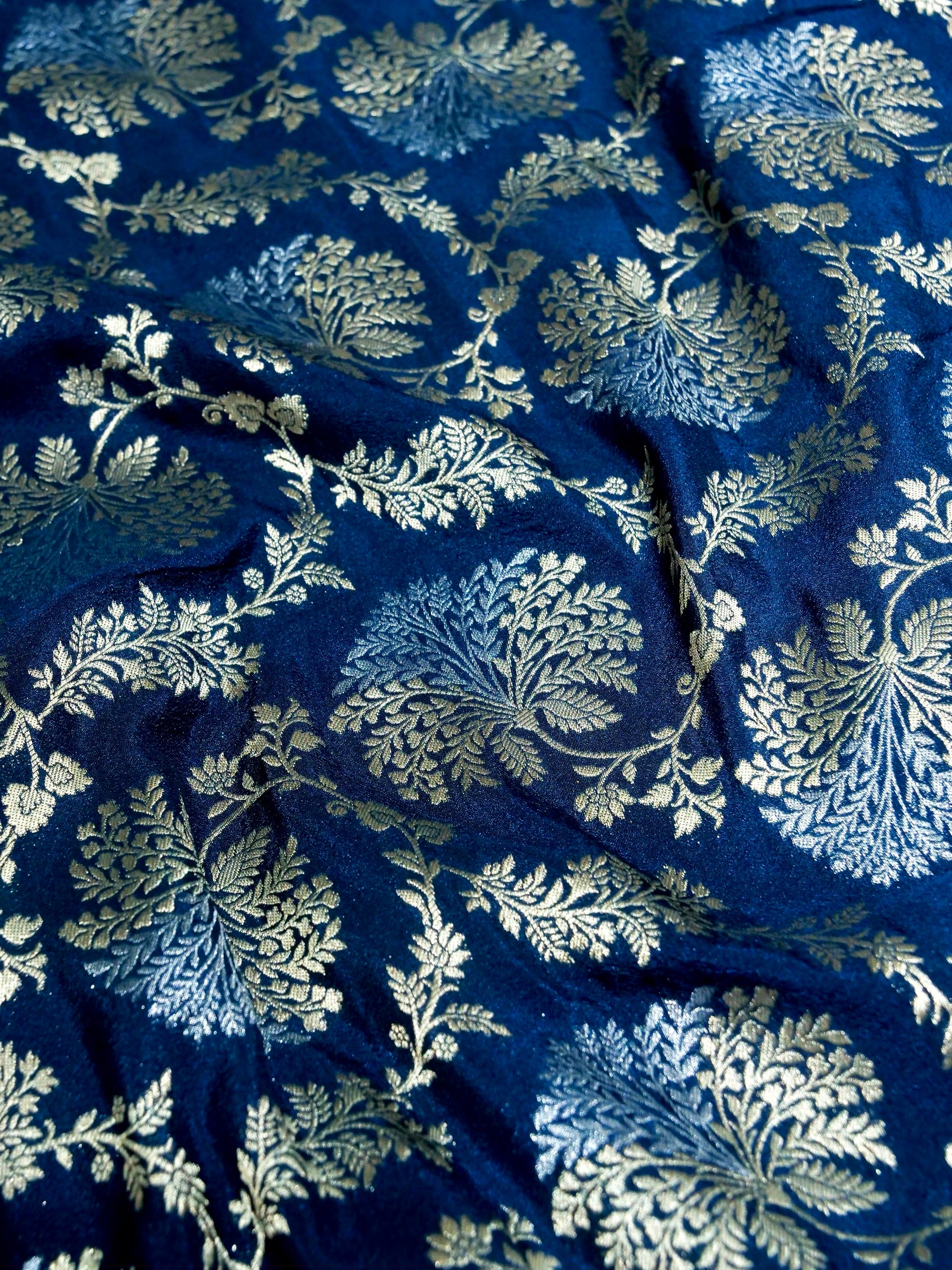 Royal Navy Blue Crepe Georgette Silk Saree with Powder Blue and Champagne Gold Border