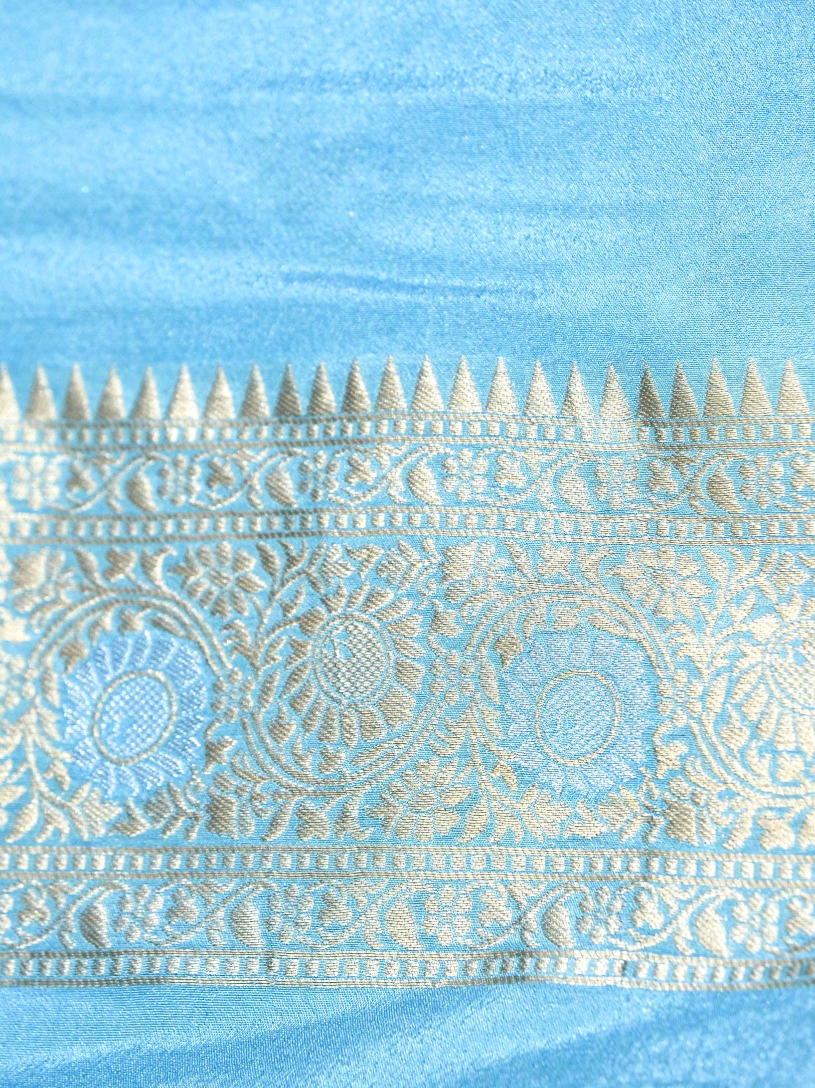 Royal Navy Blue Crepe Georgette Silk Saree with Powder Blue and Champagne Gold Border