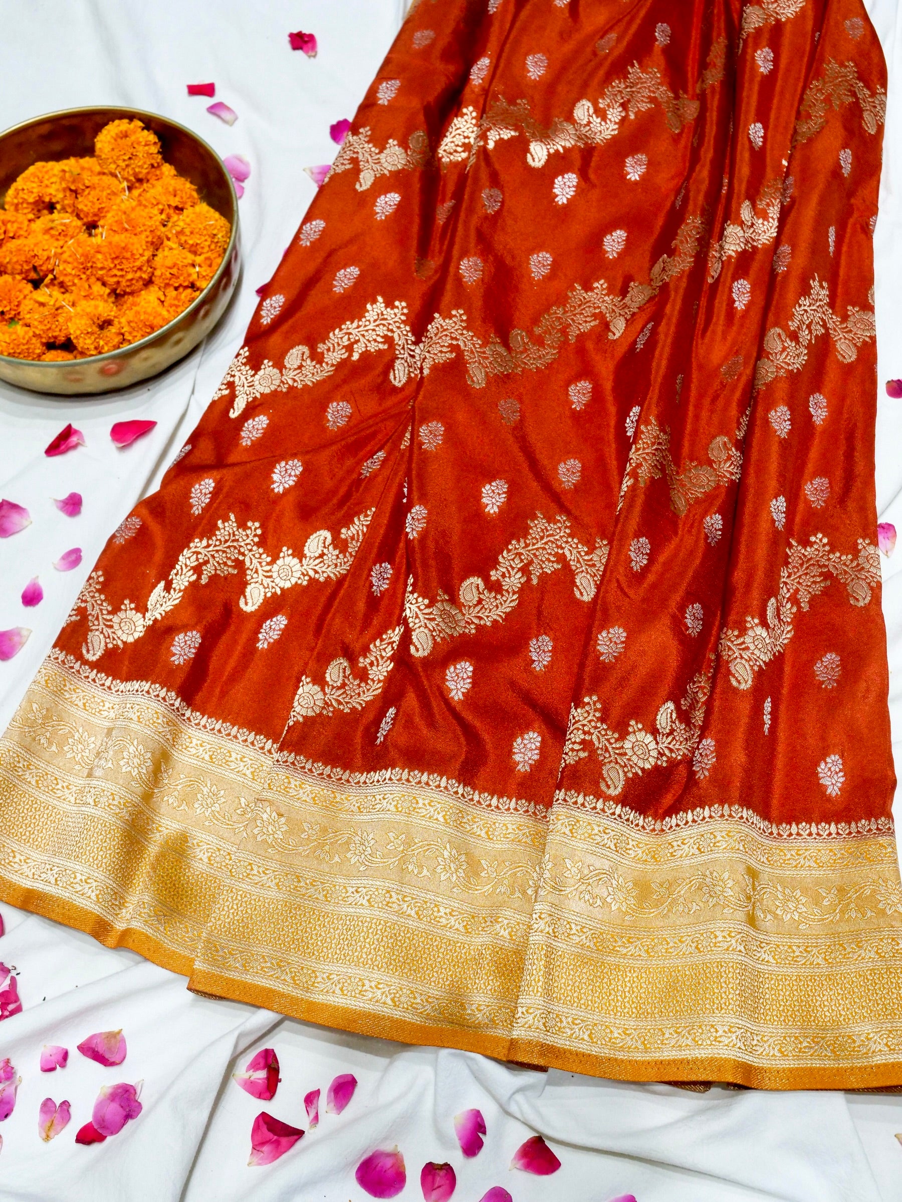 Burnt Orange Crepe Georgette Silk Saree with Yellow and Champagne Gold Border