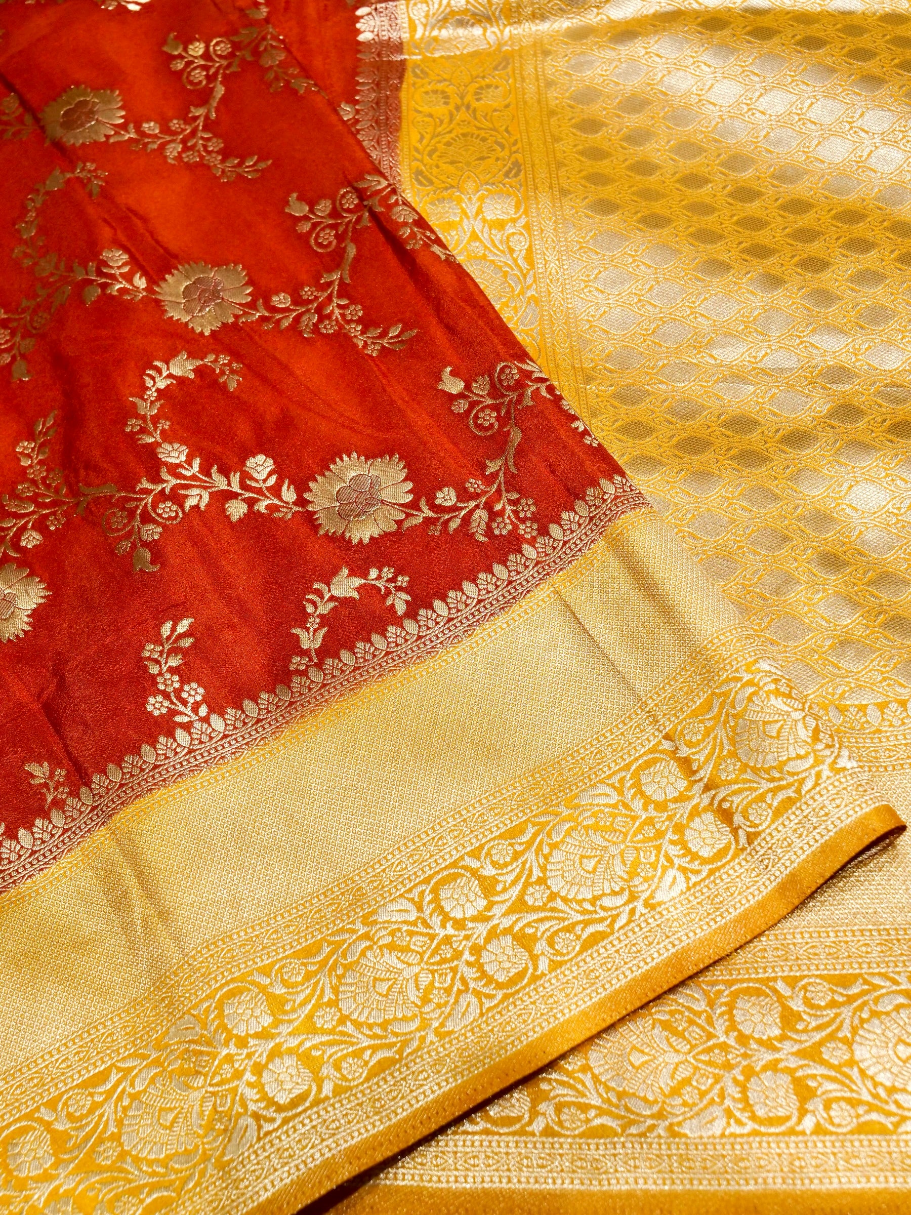Burnt Orange Crepe Georgette Silk Saree with Mustard Gold Border