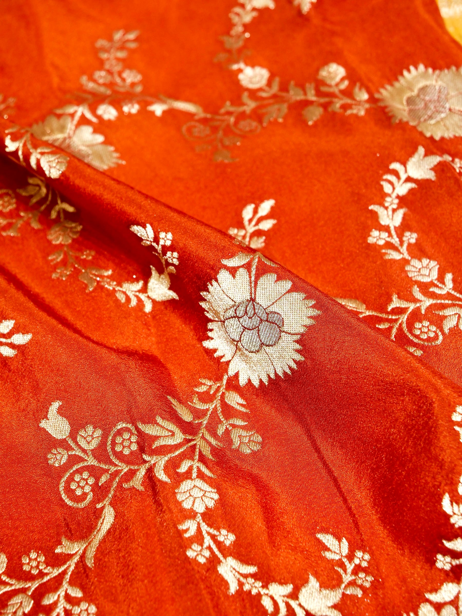 Burnt Orange Crepe Georgette Silk Saree with Mustard Gold Border