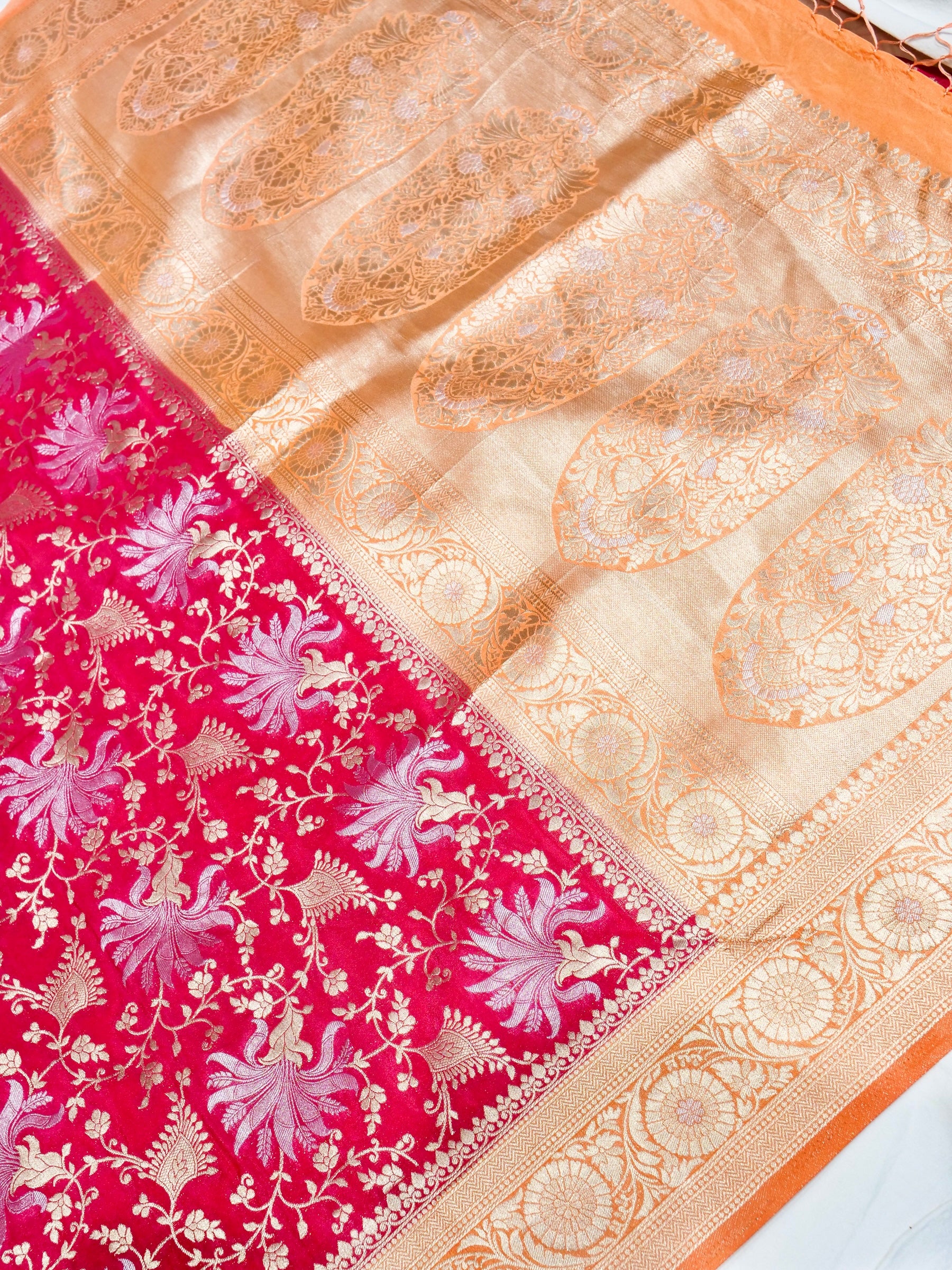 Cerise Pink Crepe Georgette Silk Saree with Peach Gold Border