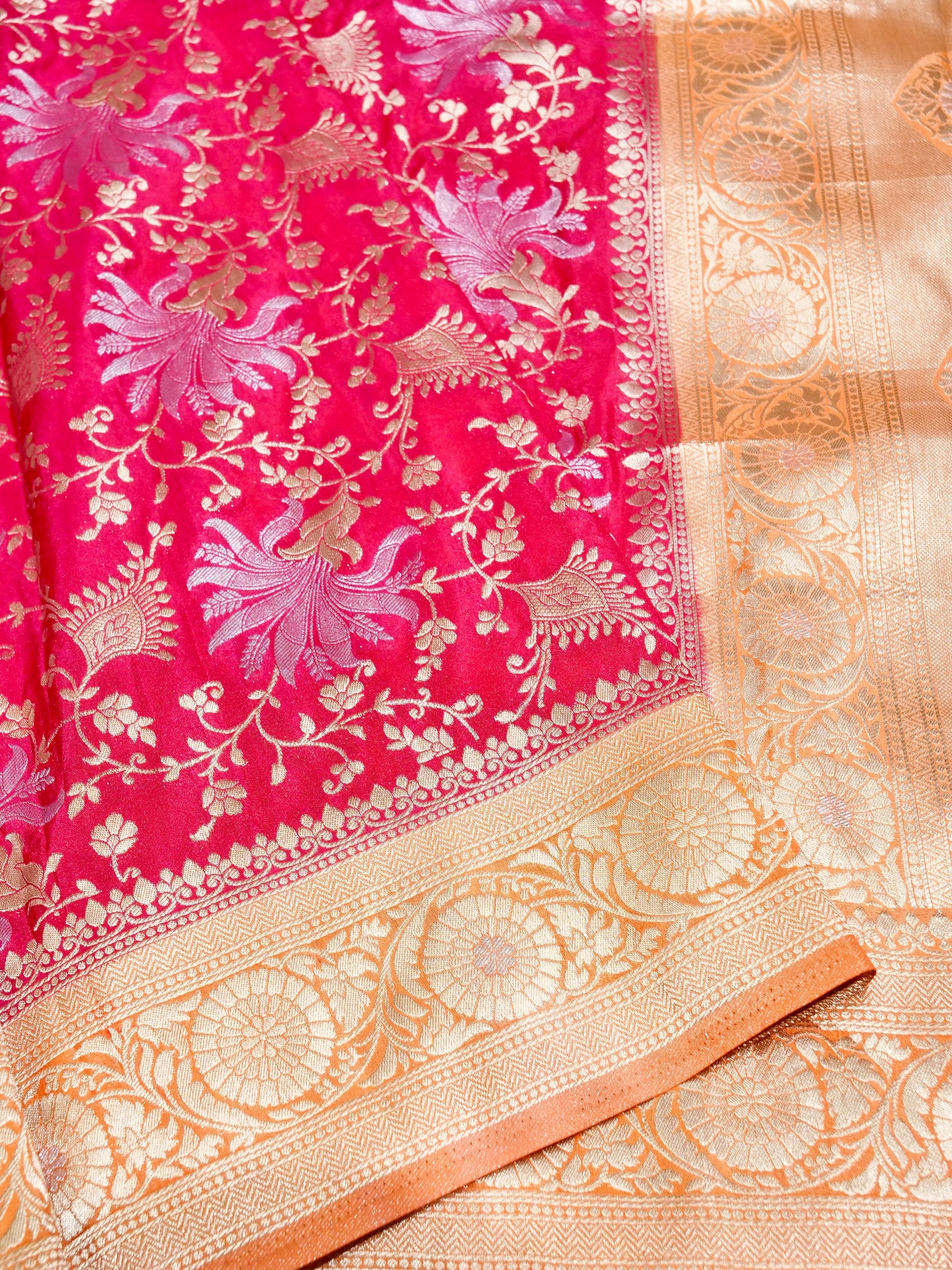 Cerise Pink Crepe Georgette Silk Saree with Peach Gold Border
