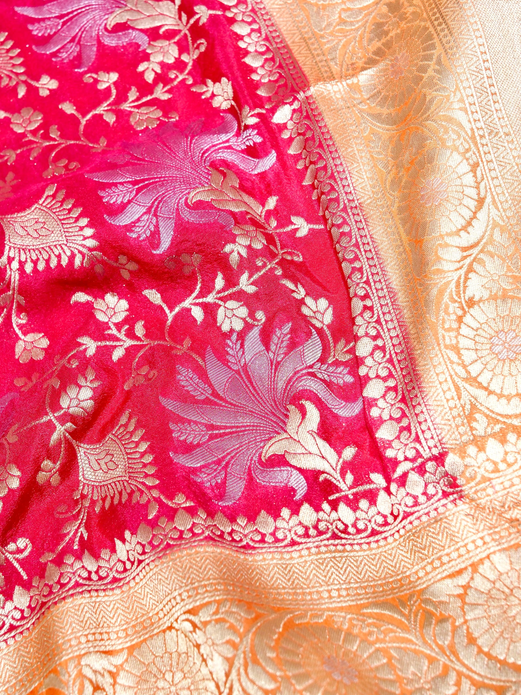 Cerise Pink Crepe Georgette Silk Saree with Peach Gold Border