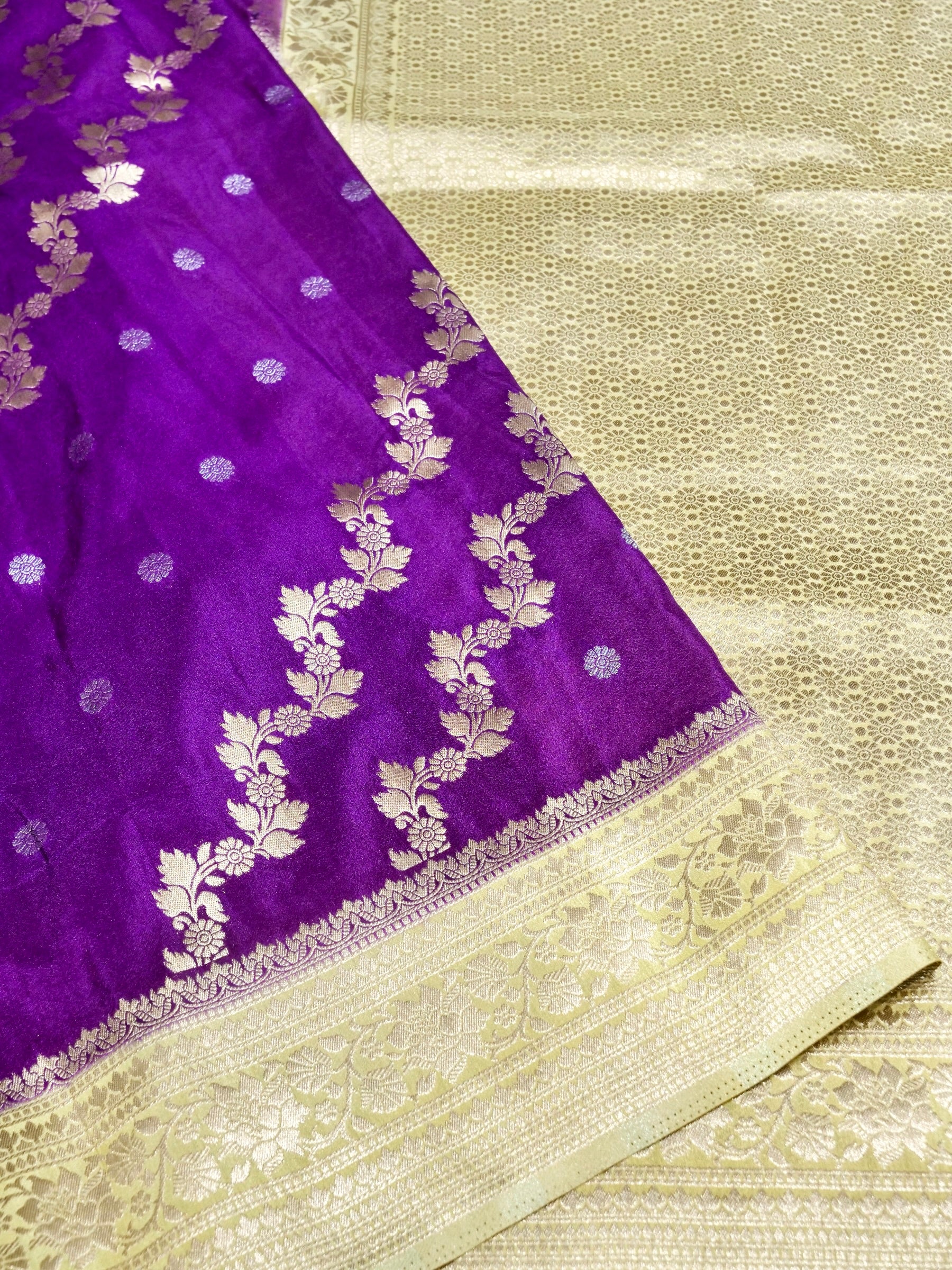 Vibrant Violet Crepe Georgette Silk Saree with Champagne Gold Border
