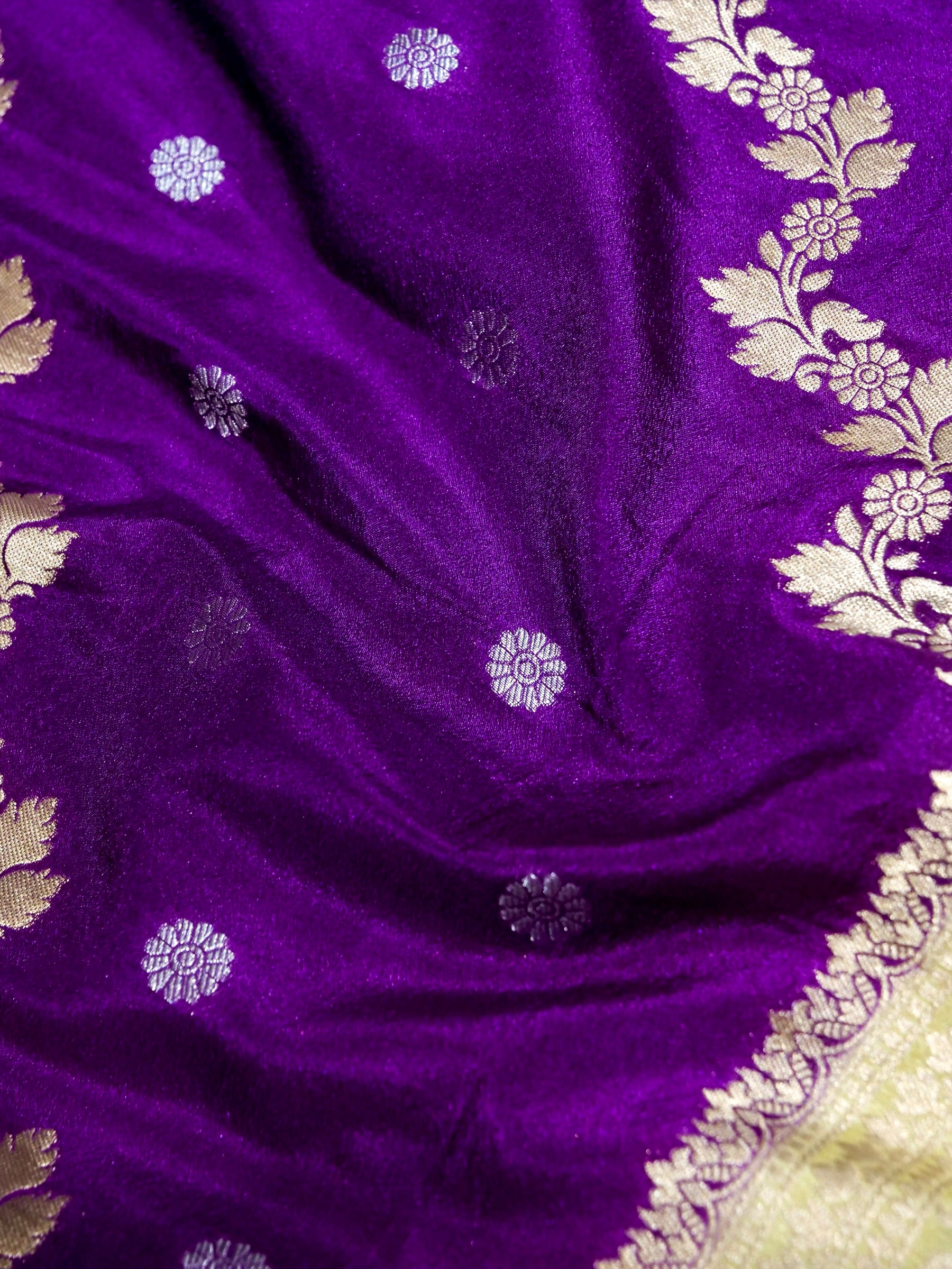 Vibrant Violet Crepe Georgette Silk Saree with Champagne Gold Border