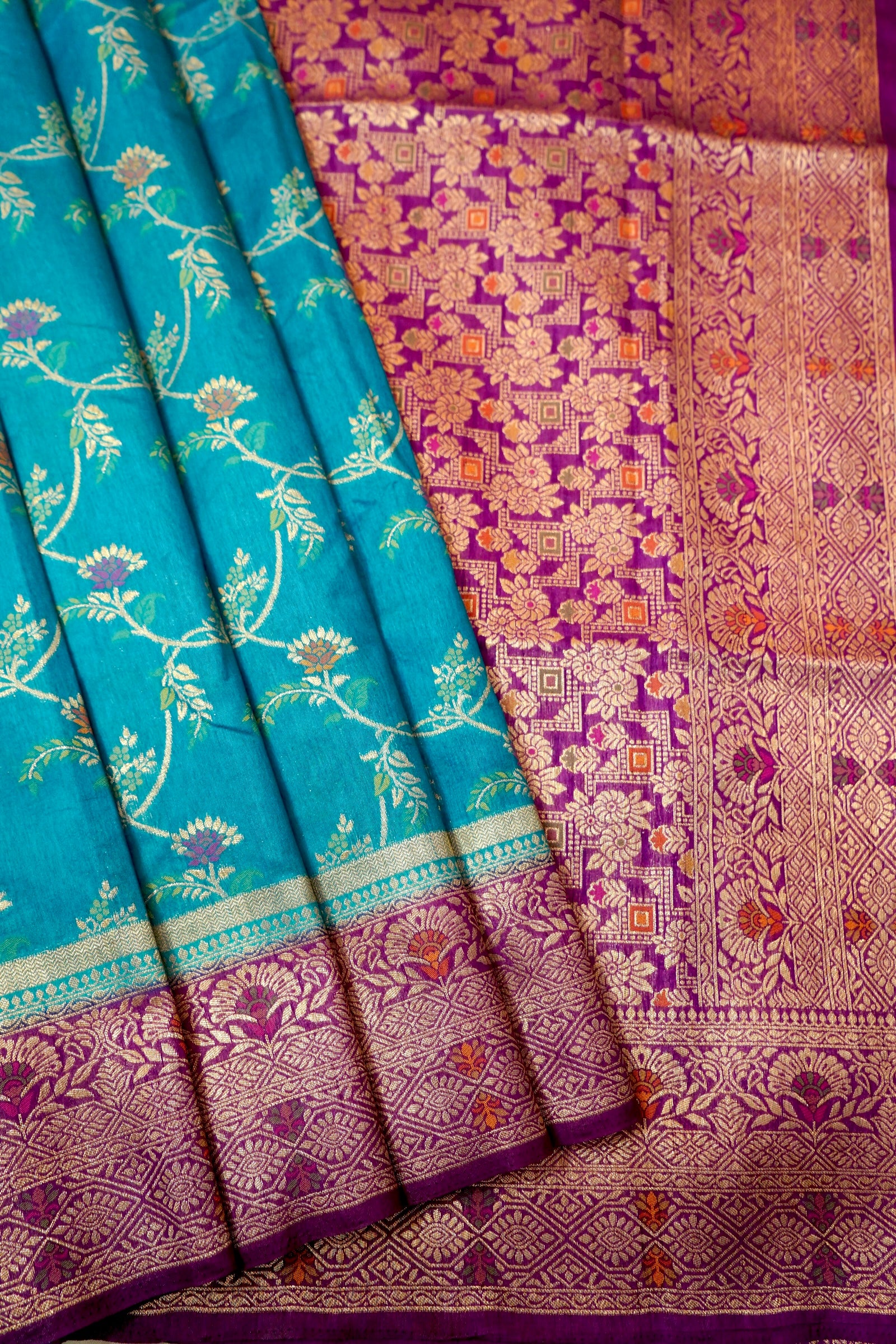 Turquoise Blue Dupion Patola Saree with Antique Gold Zari Floral Weave