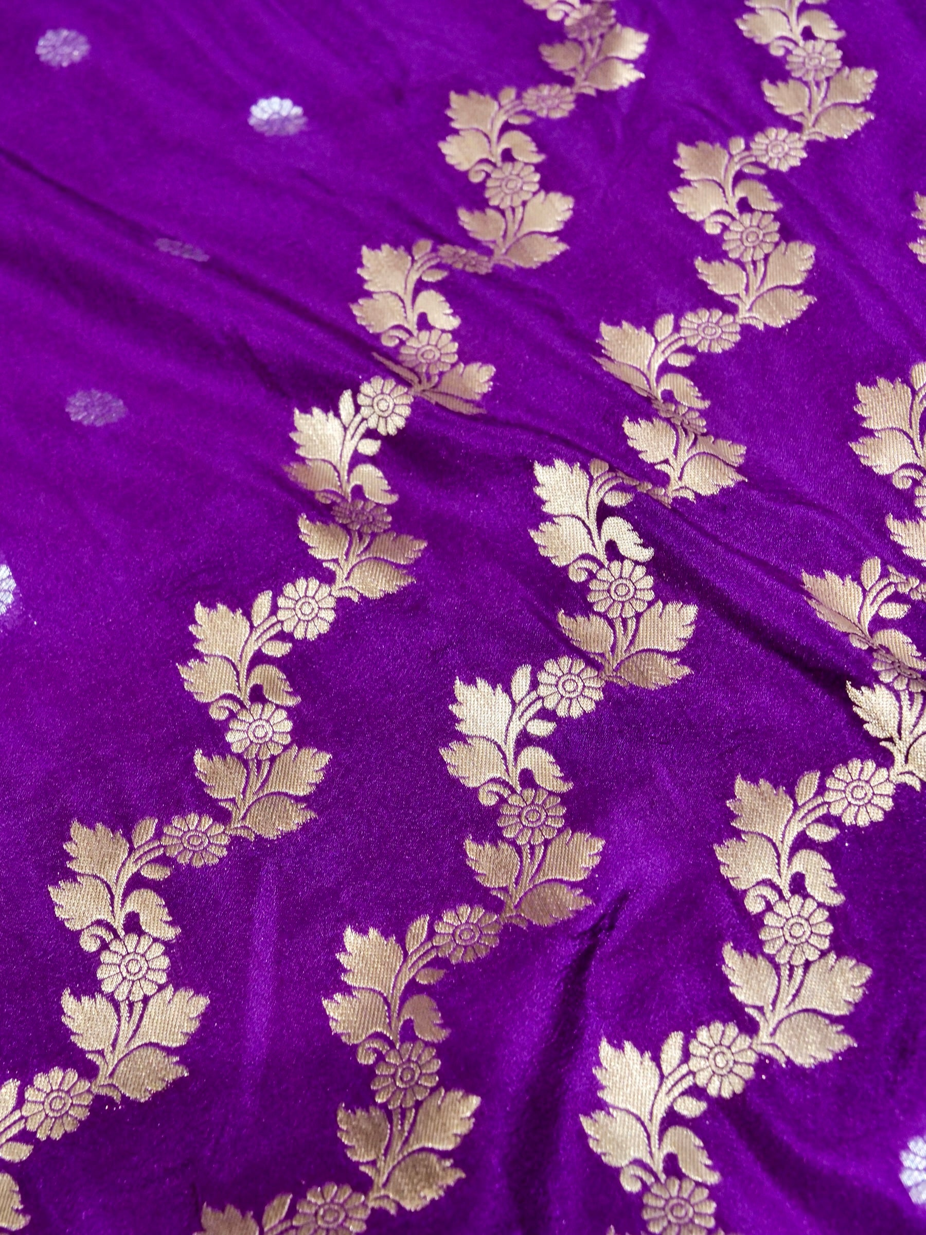 Vibrant Violet Crepe Georgette Silk Saree with Champagne Gold Border