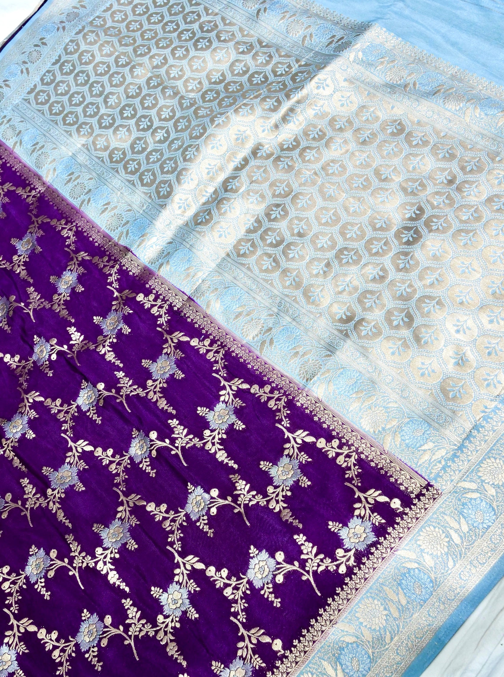Purple Crepe Georgette Silk Saree with Powder Blue and Champagne Gold Border