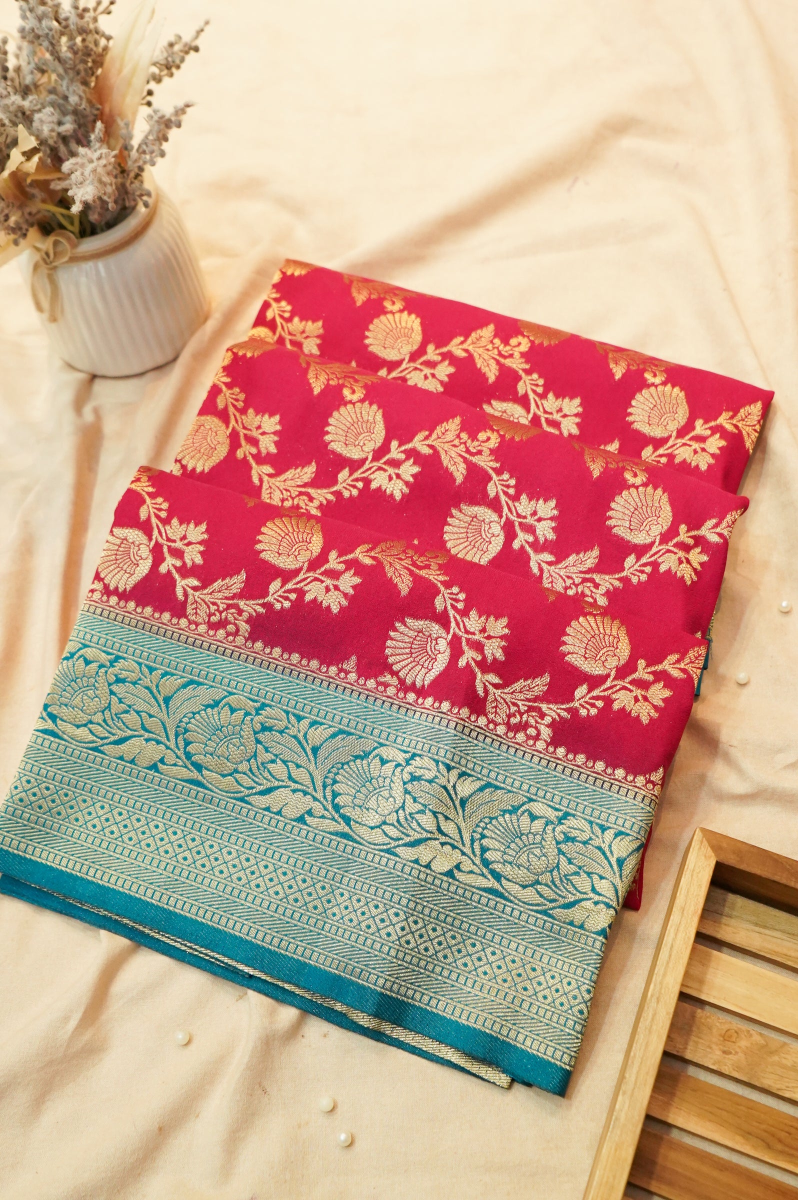 Deep Pink Crepe Georgette Silk Saree with Teal and Gold Zari Border