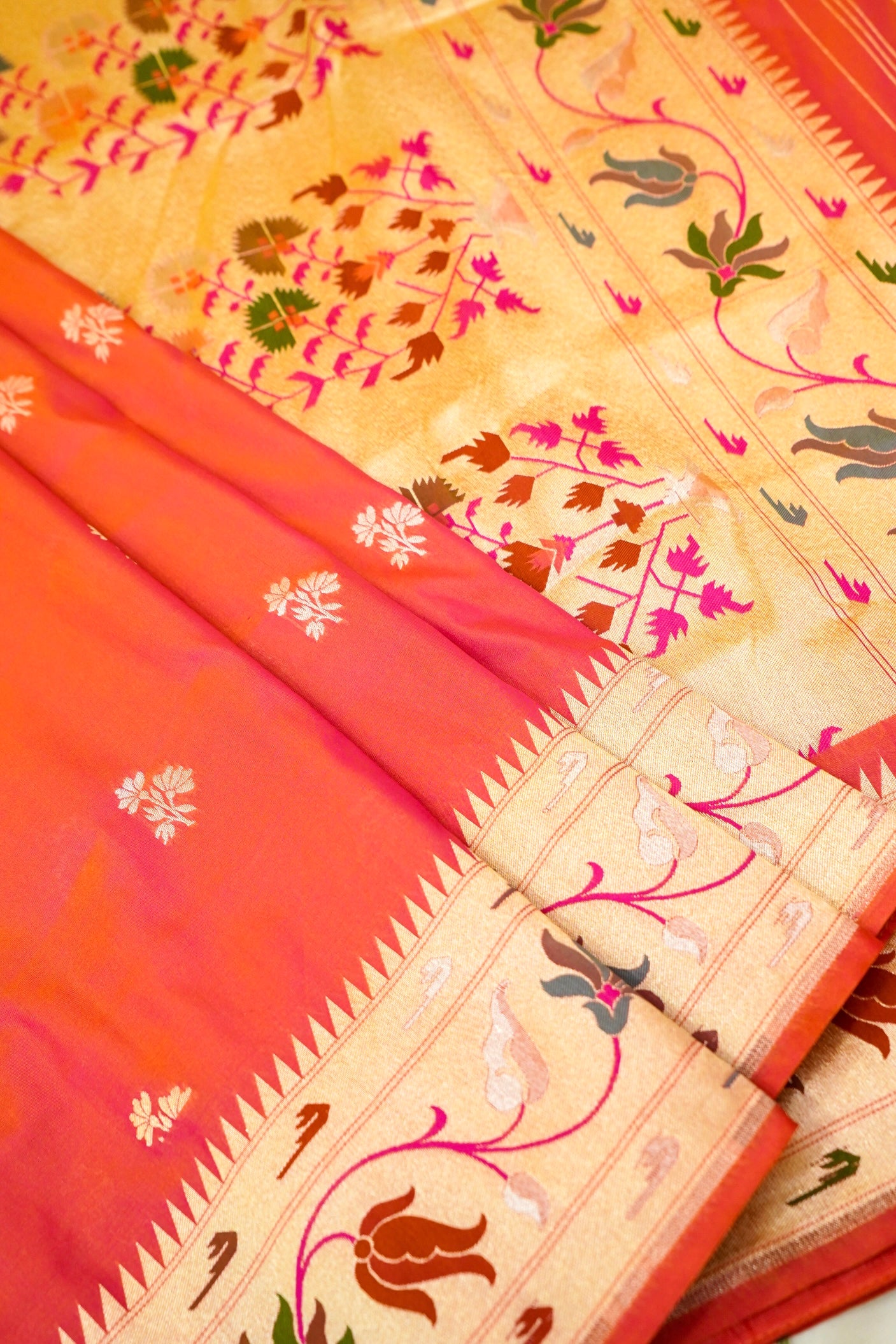 Keshavi - Orange Paithani Silk Saree with Stitched Blouse