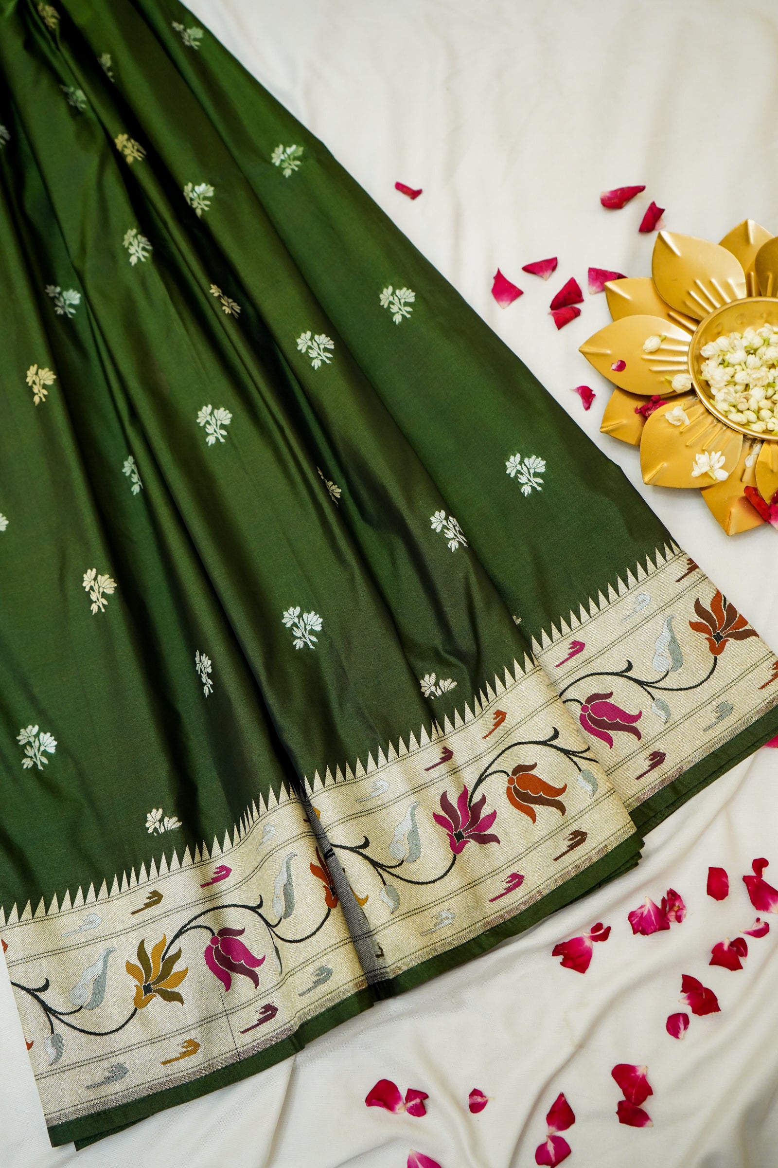 Keshavi - Bottle Green Paithani Silk Saree with Stitched Blouse