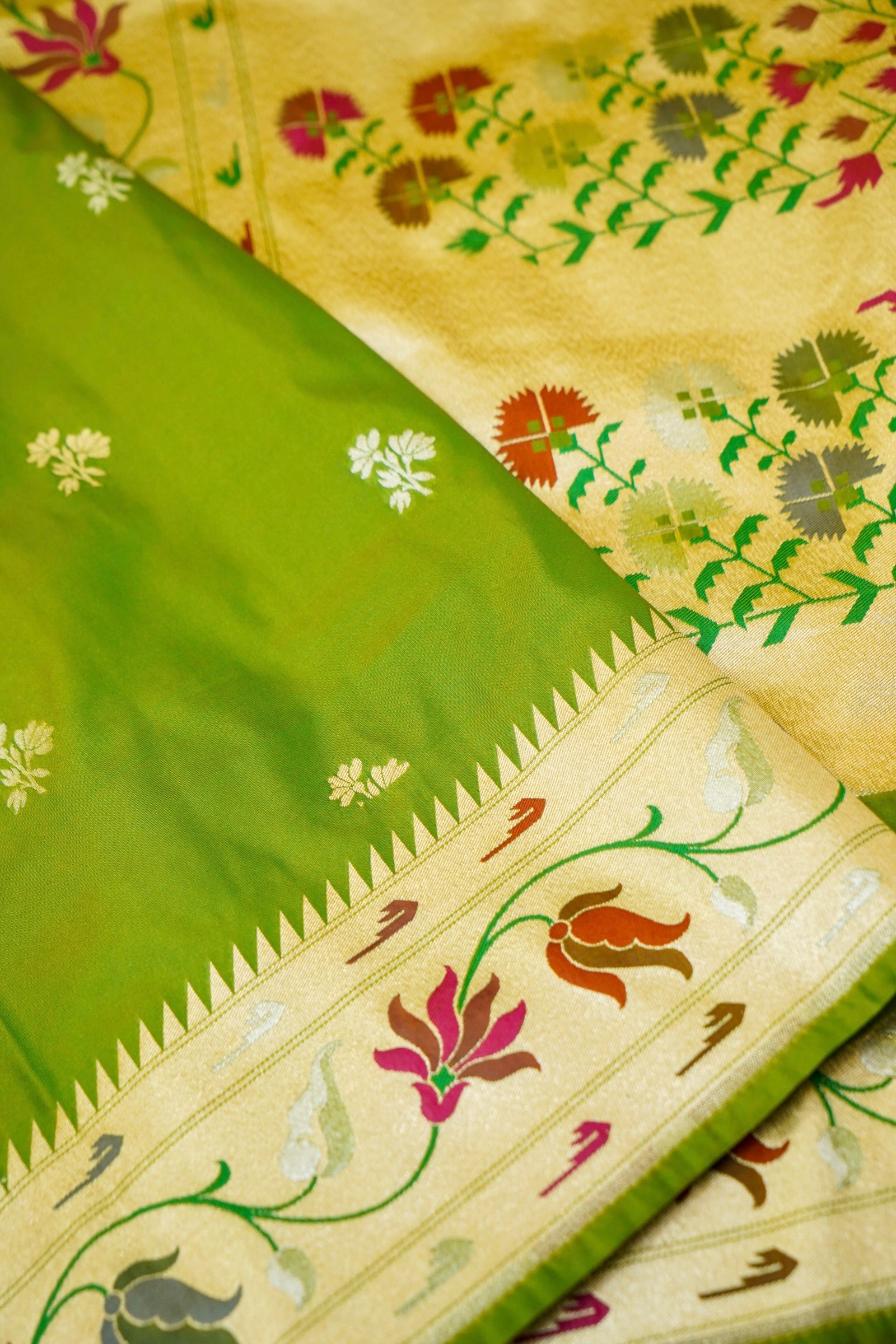 Keshavi - Parrot Green Paithani Silk Saree with Stitched Blouse