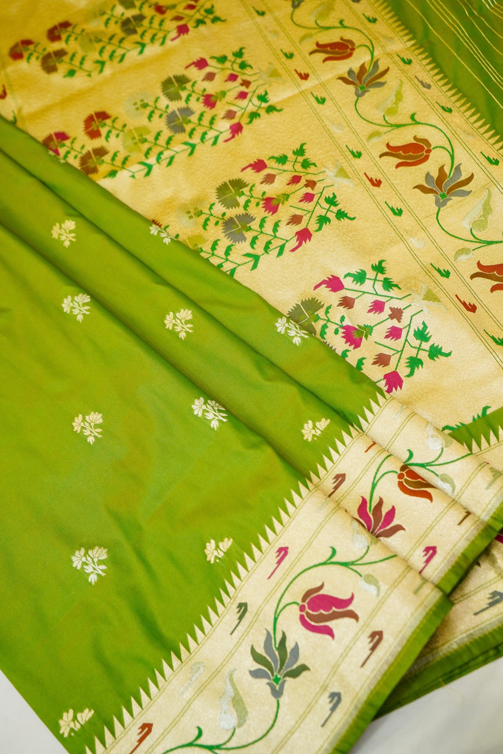 Keshavi - Parrot Green Paithani Silk Saree with Stitched Blouse