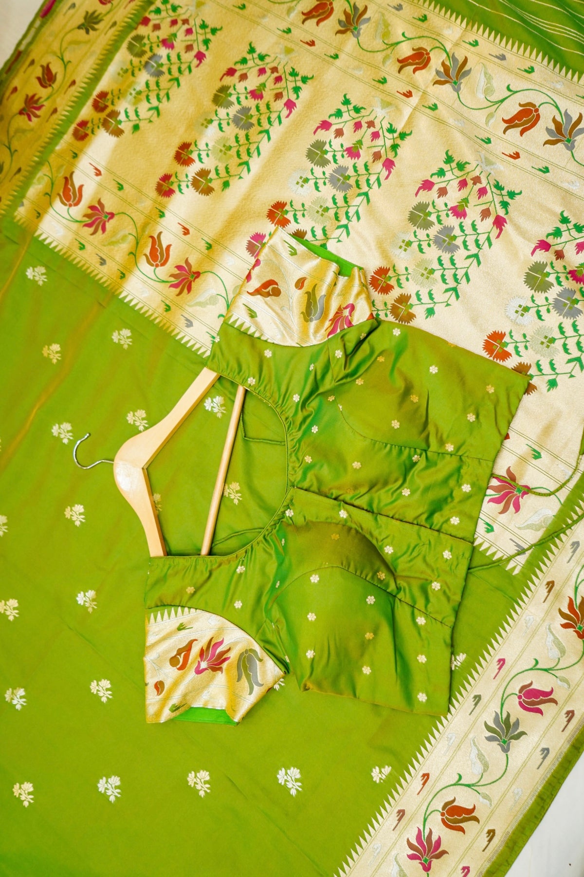 Keshavi - Parrot Green Paithani Silk Saree with Stitched Blouse