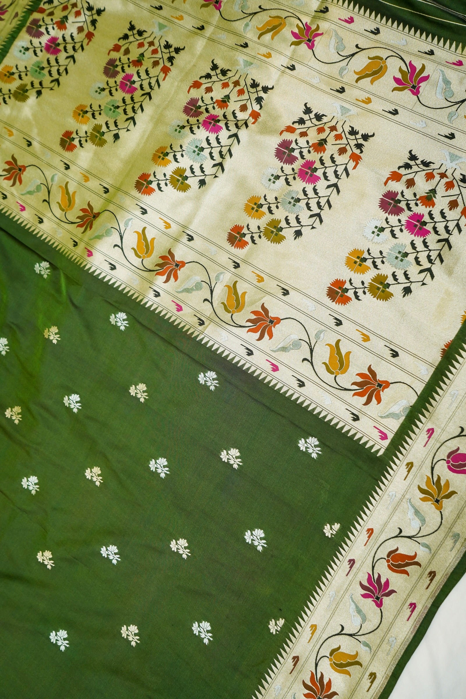 Keshavi - Bottle Green Paithani Silk Saree with Stitched Blouse