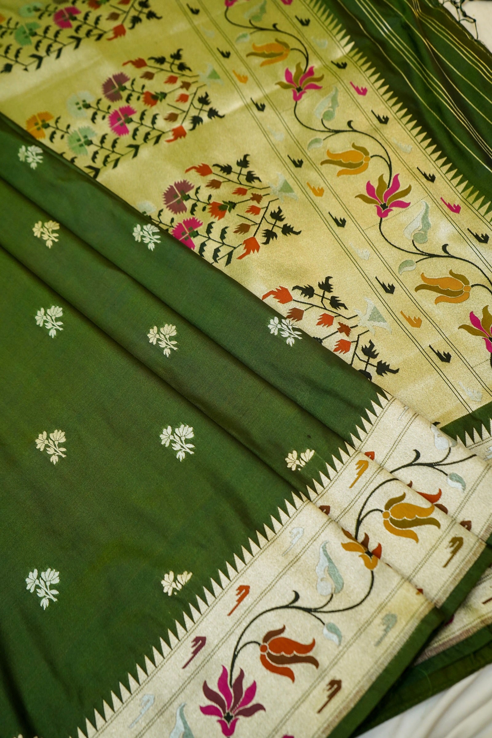 Keshavi - Bottle Green Paithani Silk Saree with Stitched Blouse