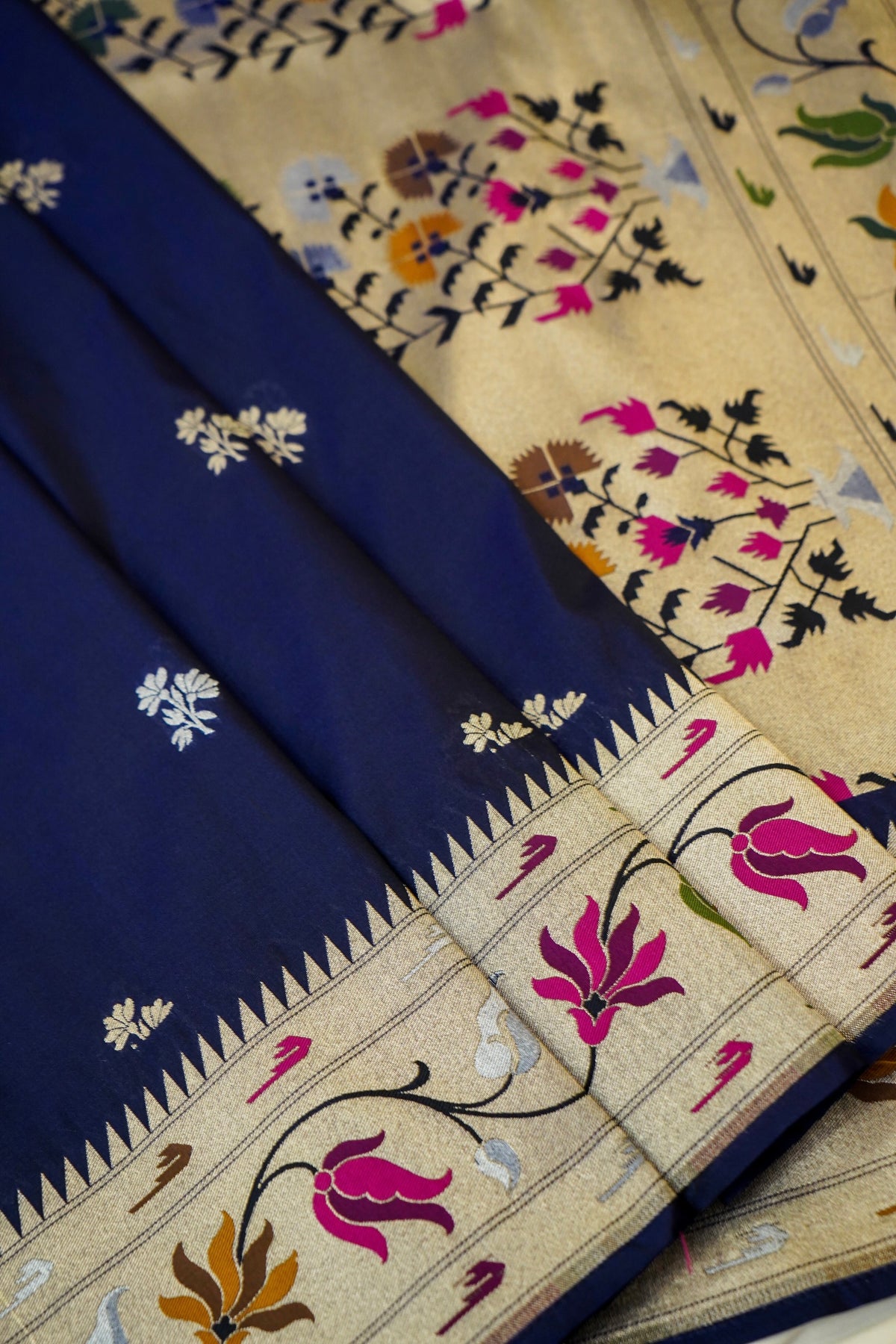 Keshavi - Midnight Blue Paithani Silk Saree with Stitched Blouse
