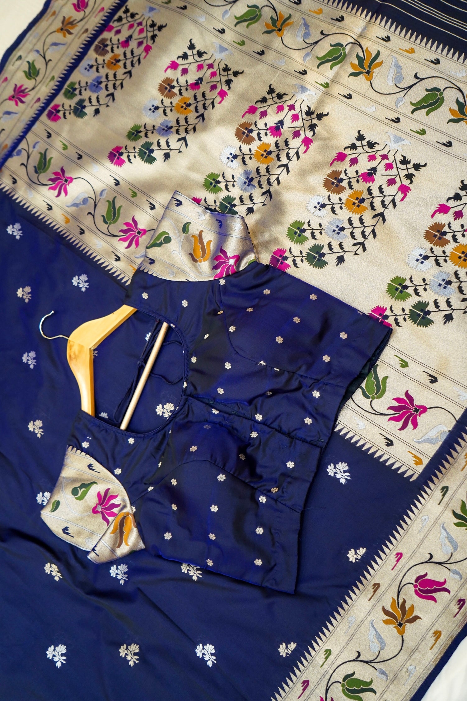 Keshavi - Midnight Blue Paithani Silk Saree with Stitched Blouse