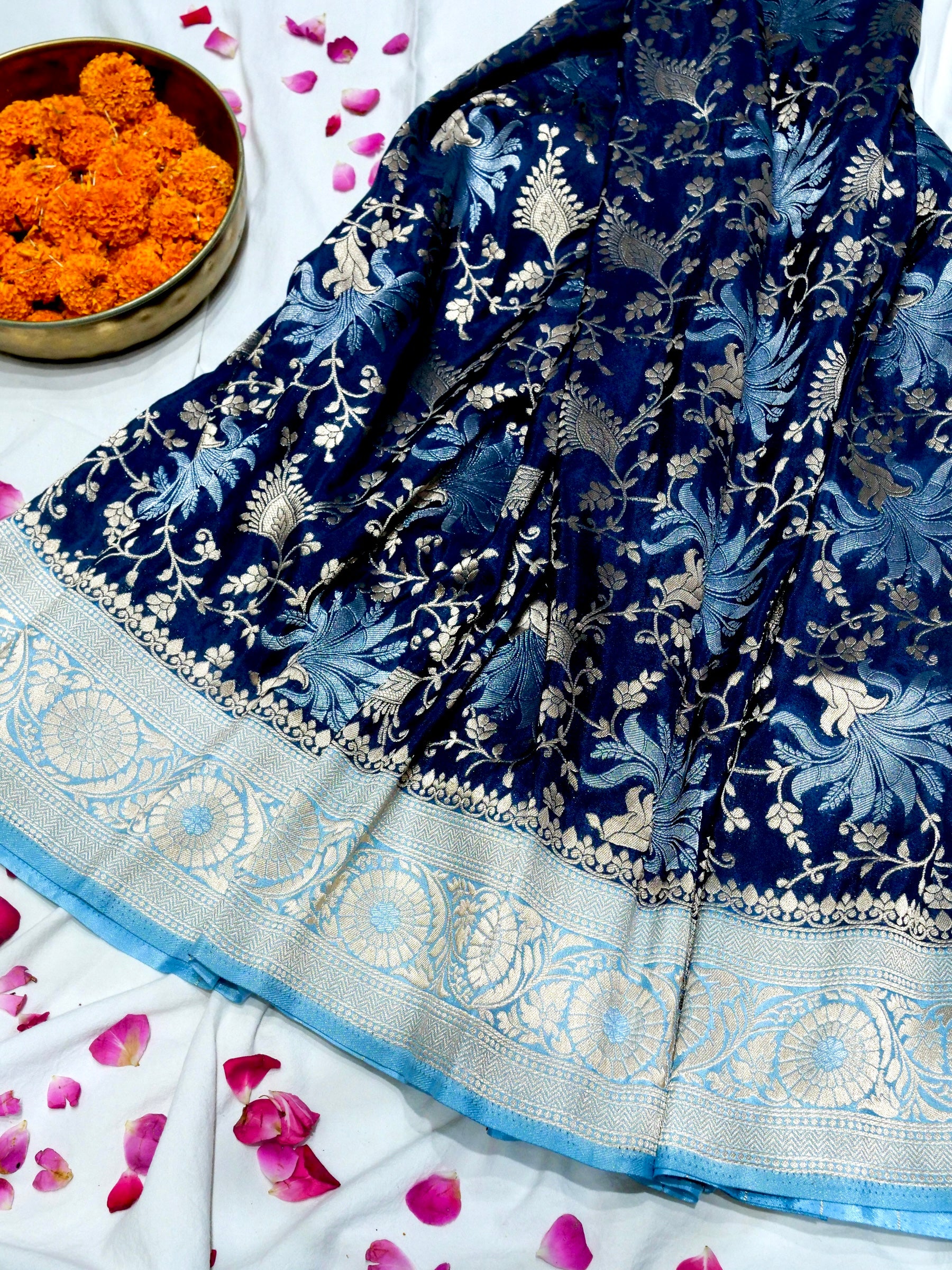 Midnight Navy Blue Crepe Georgette Silk Saree with Powder Blue Border