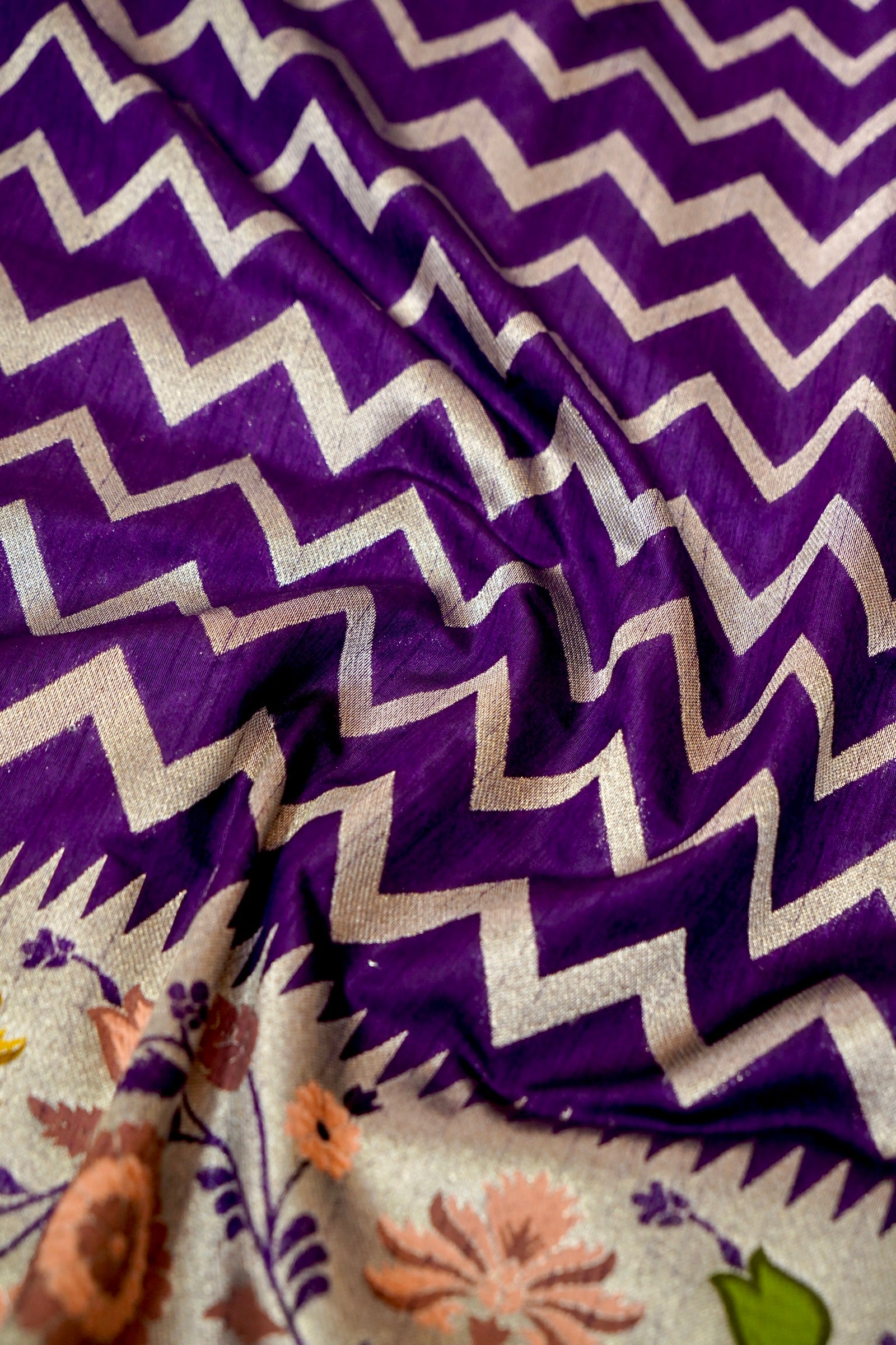 Royal Purple Raw Silk Saree with Silver Chevron Pattern