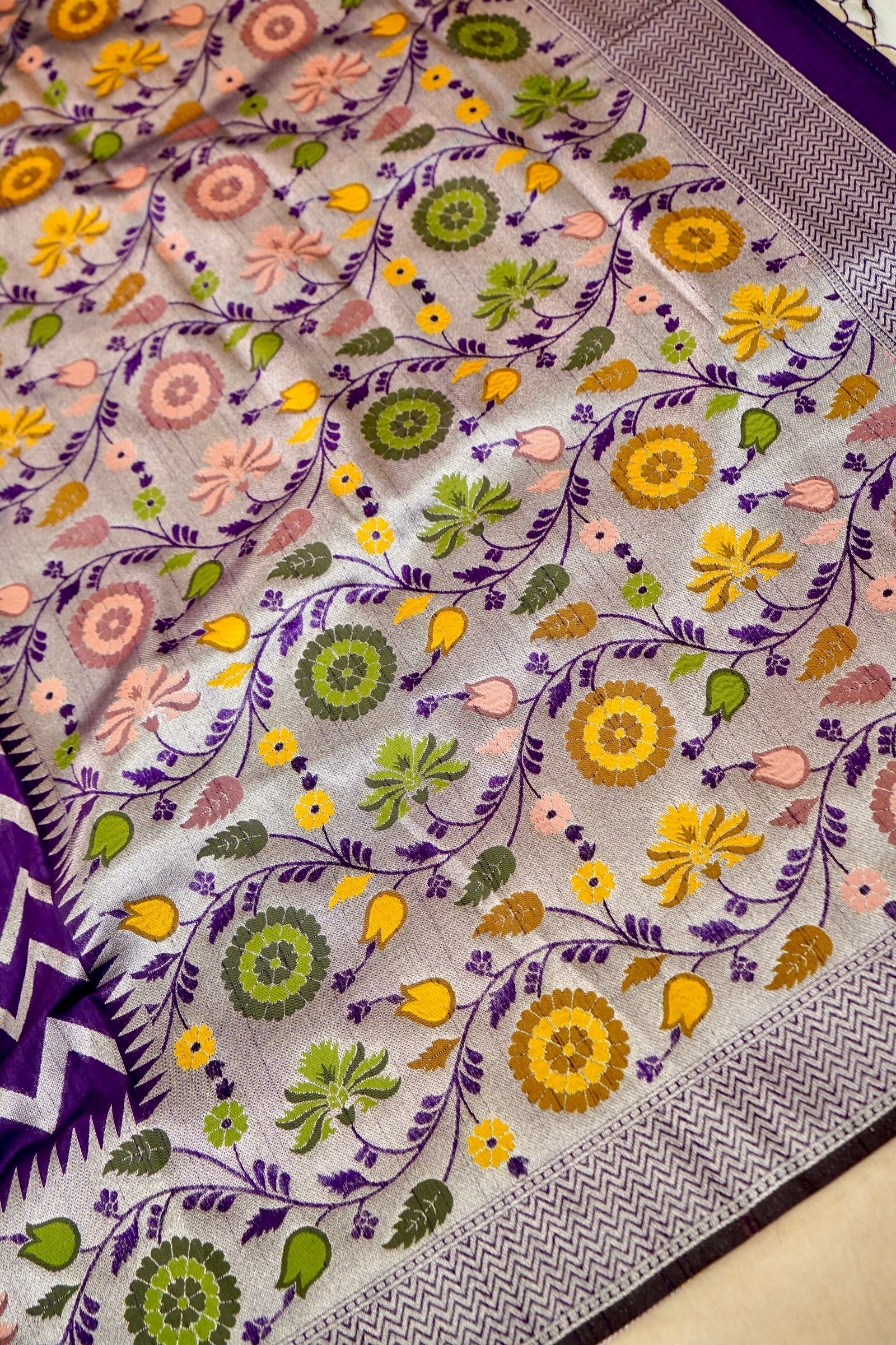 Royal Purple Raw Silk Saree with Silver Chevron Pattern