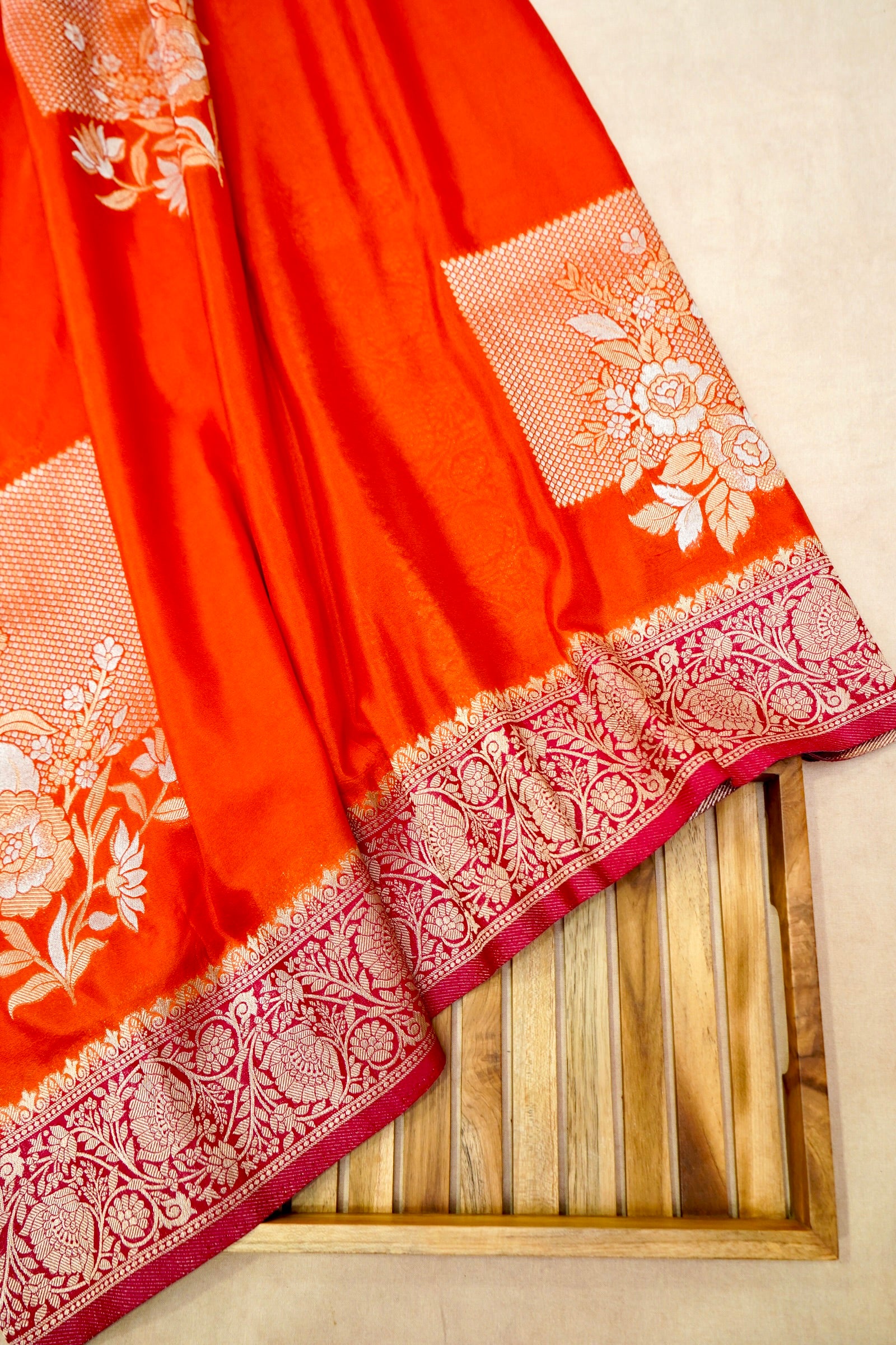 Orange Pure Crepe Silk Saree with Red and Gold Zari Border
