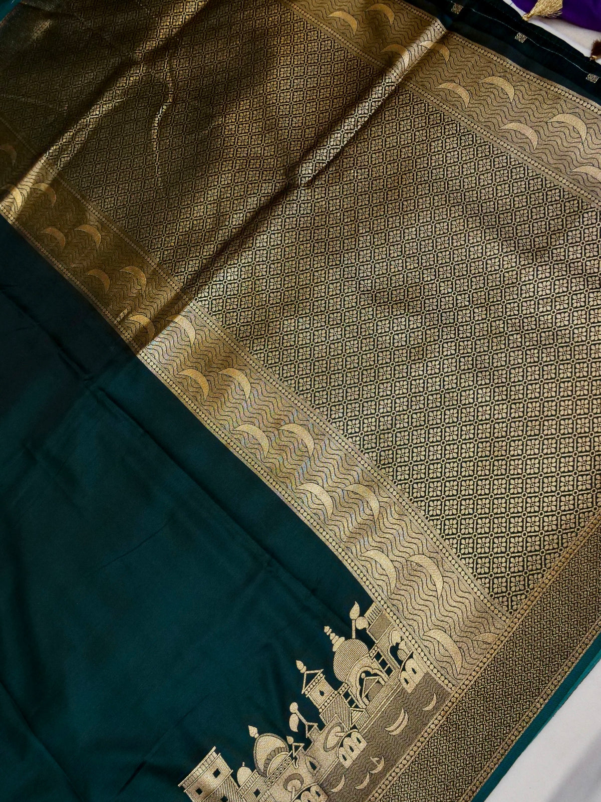 Nihar - Deep Teal Ghat Border Banarasi Silk Saree with Stitched Blouse