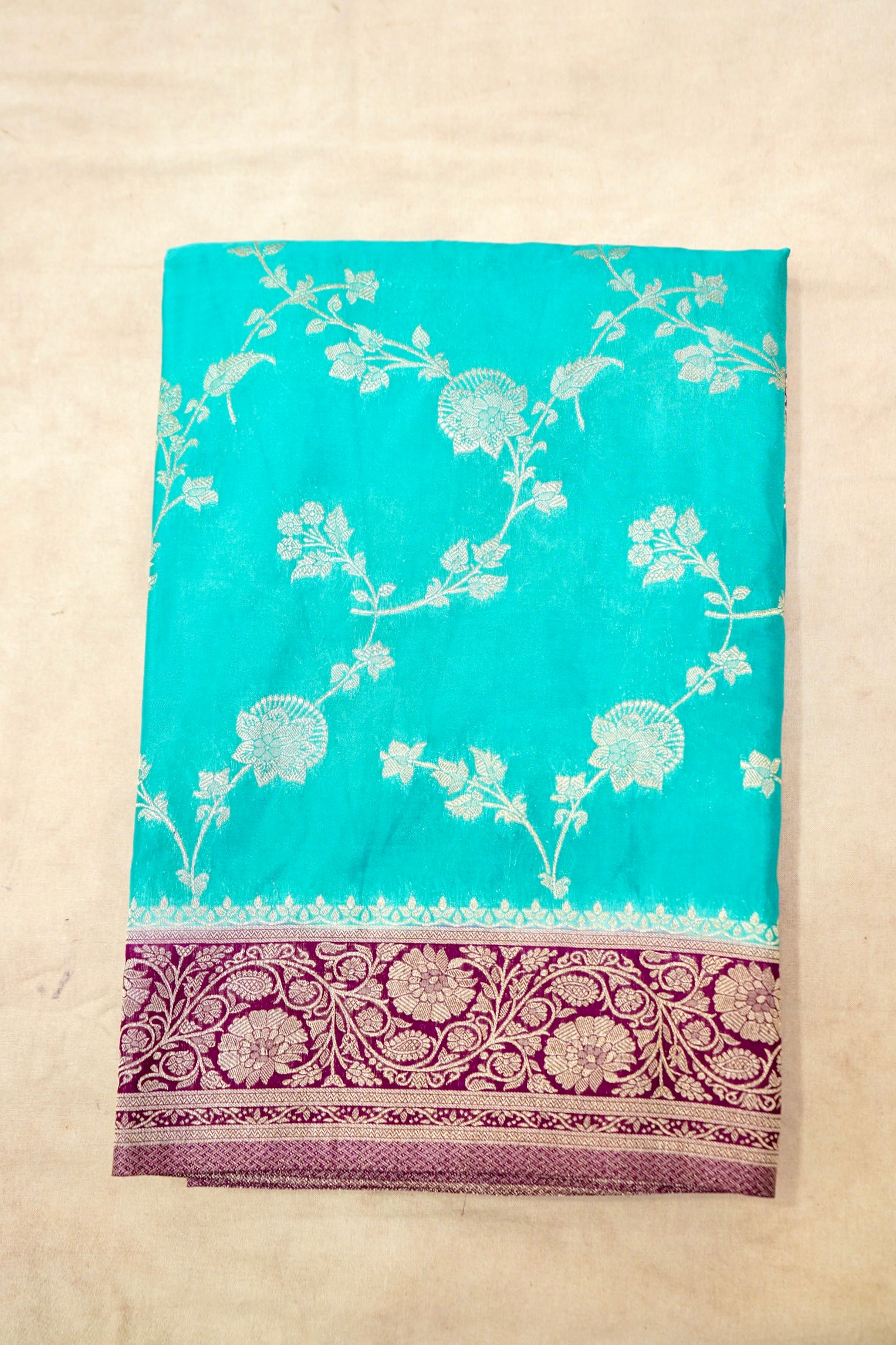 Light Turquoise Blue Semi Katan Silk Saree with Wine Border