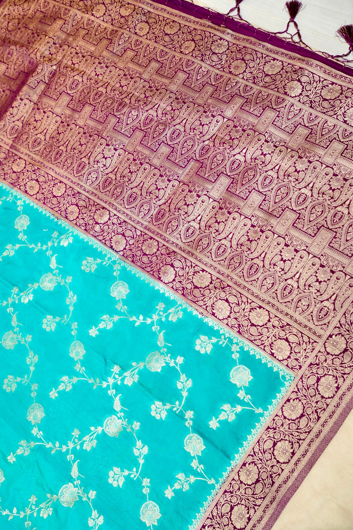 Light Turquoise Blue Semi Katan Silk Saree with Wine Border