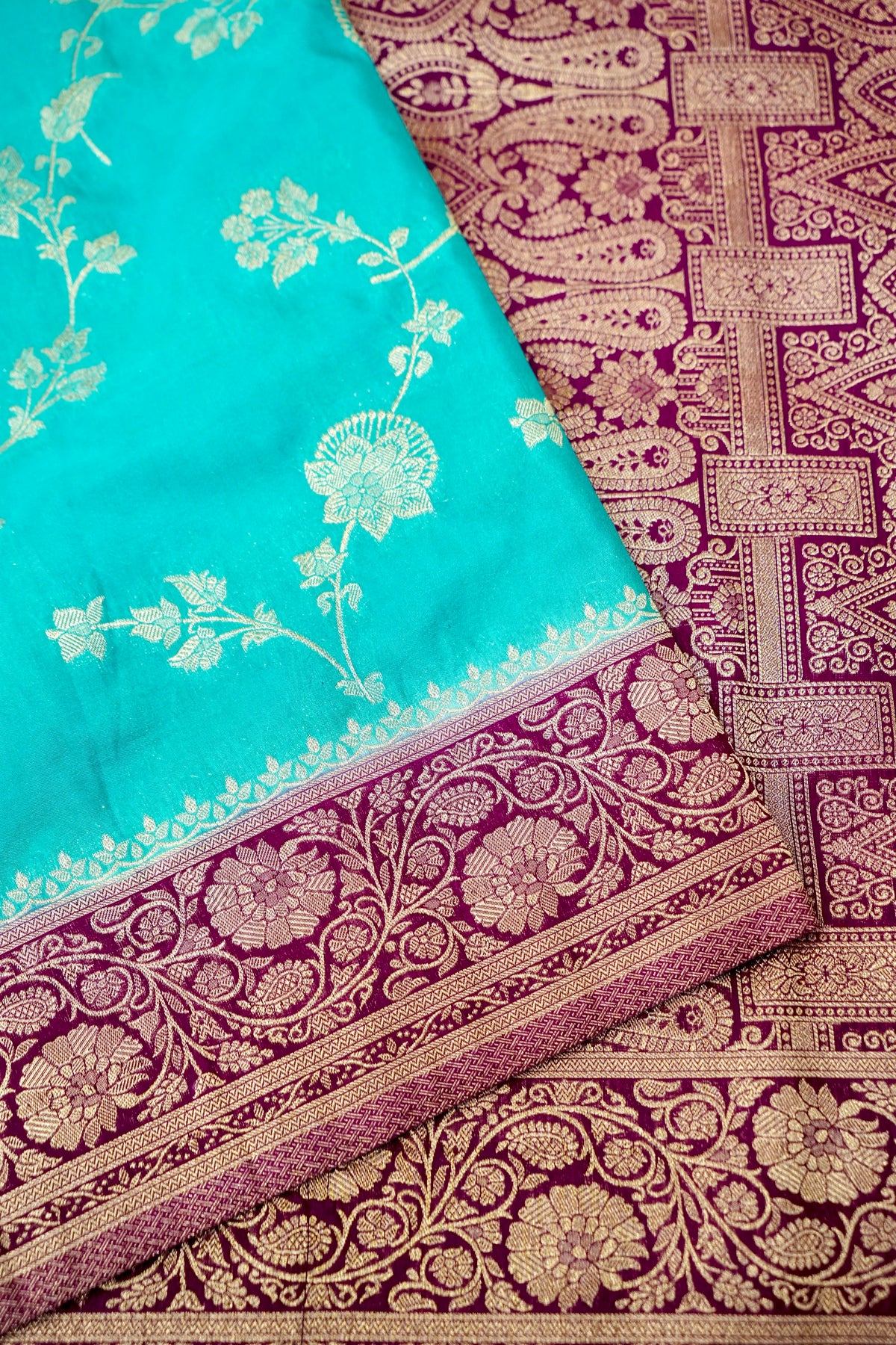 Light Turquoise Blue Semi Katan Silk Saree with Wine Border