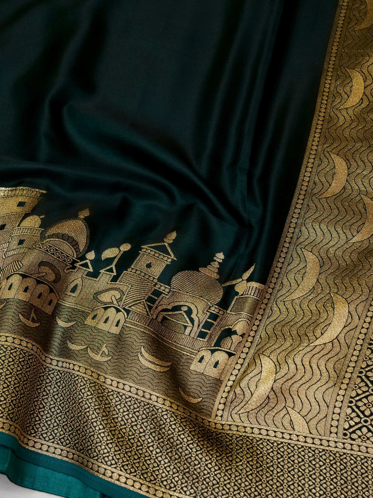 Nihar - Deep Teal Ghat Border Banarasi Silk Saree with Stitched Blouse