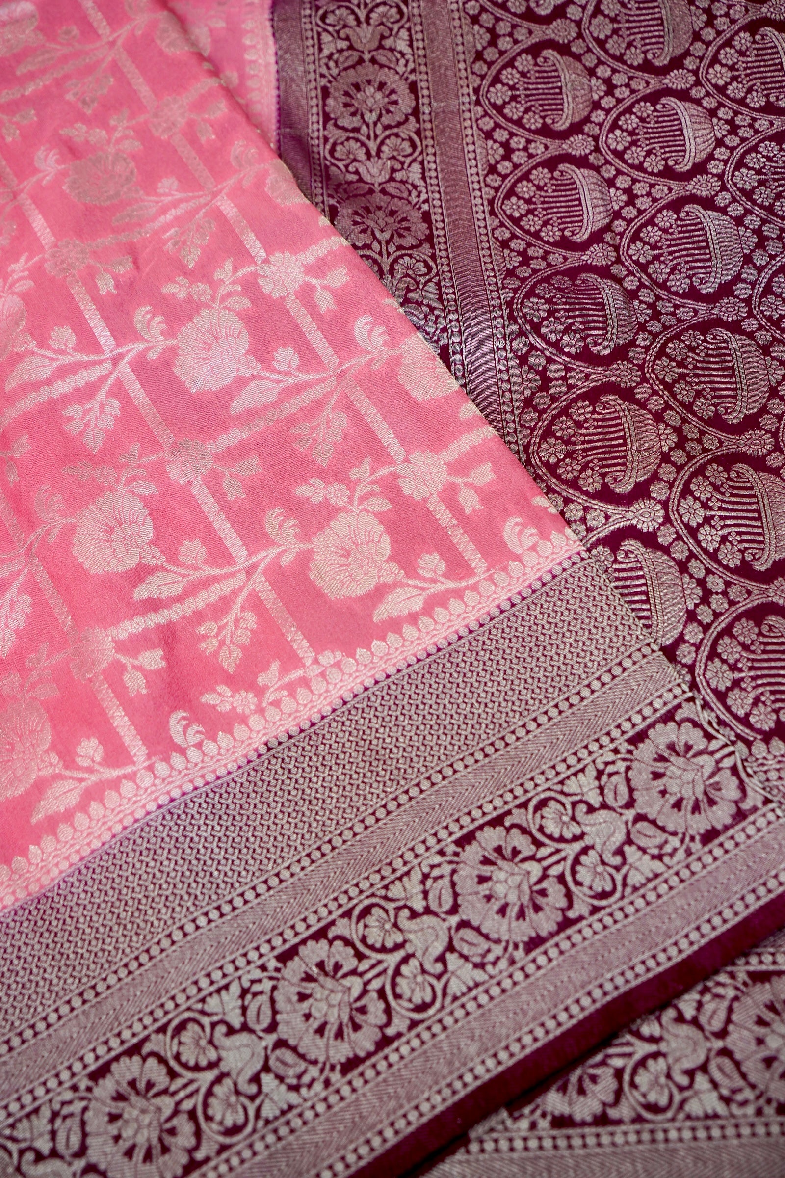 Baby Pink Semi Georgette Silk Saree with Burgundy Border