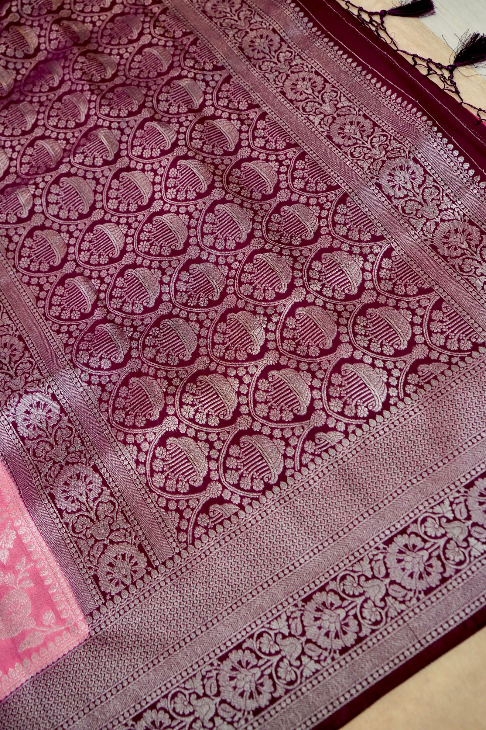 Baby Pink Semi Georgette Silk Saree with Burgundy Border