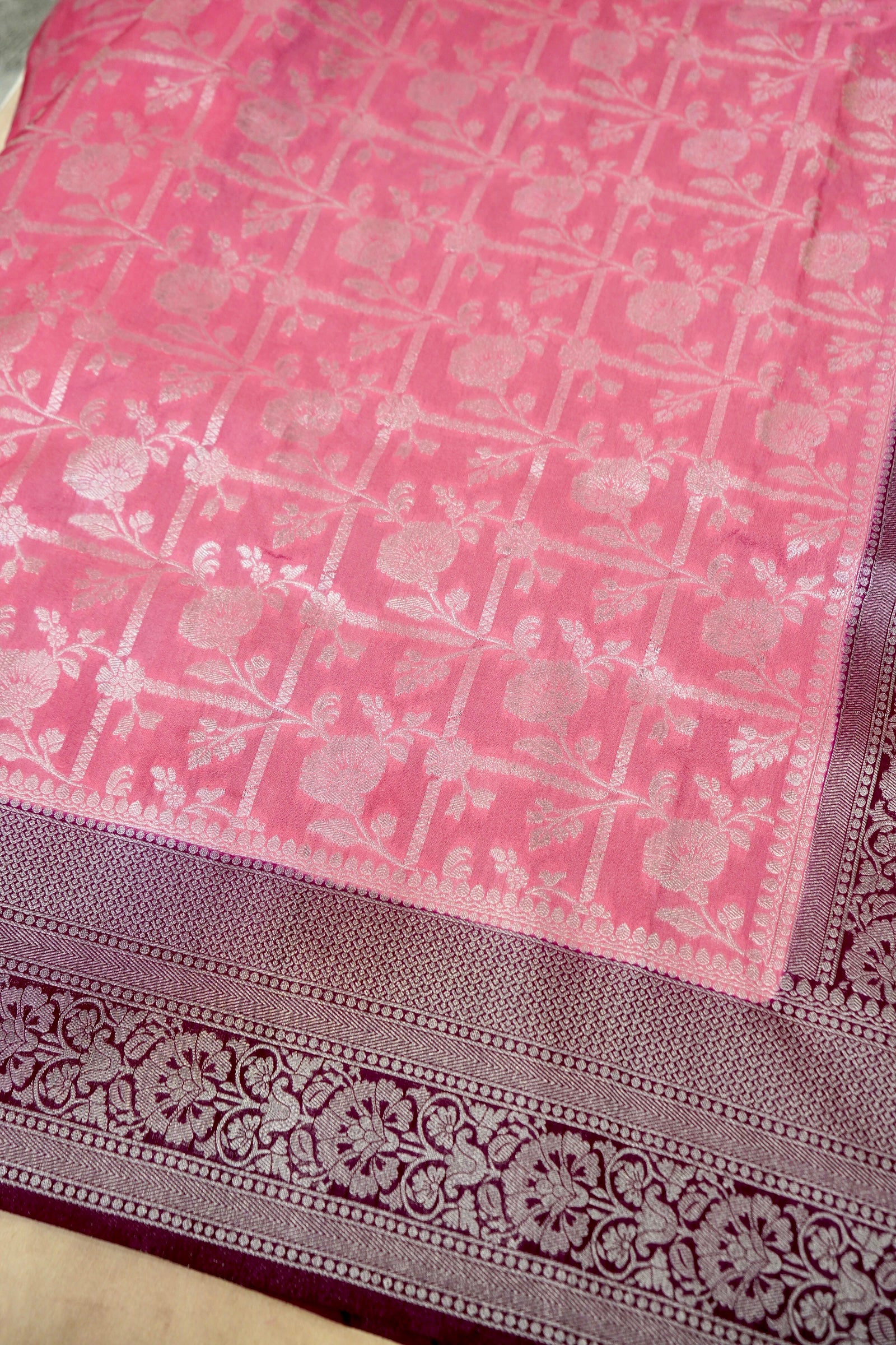 Baby Pink Semi Georgette Silk Saree with Burgundy Border