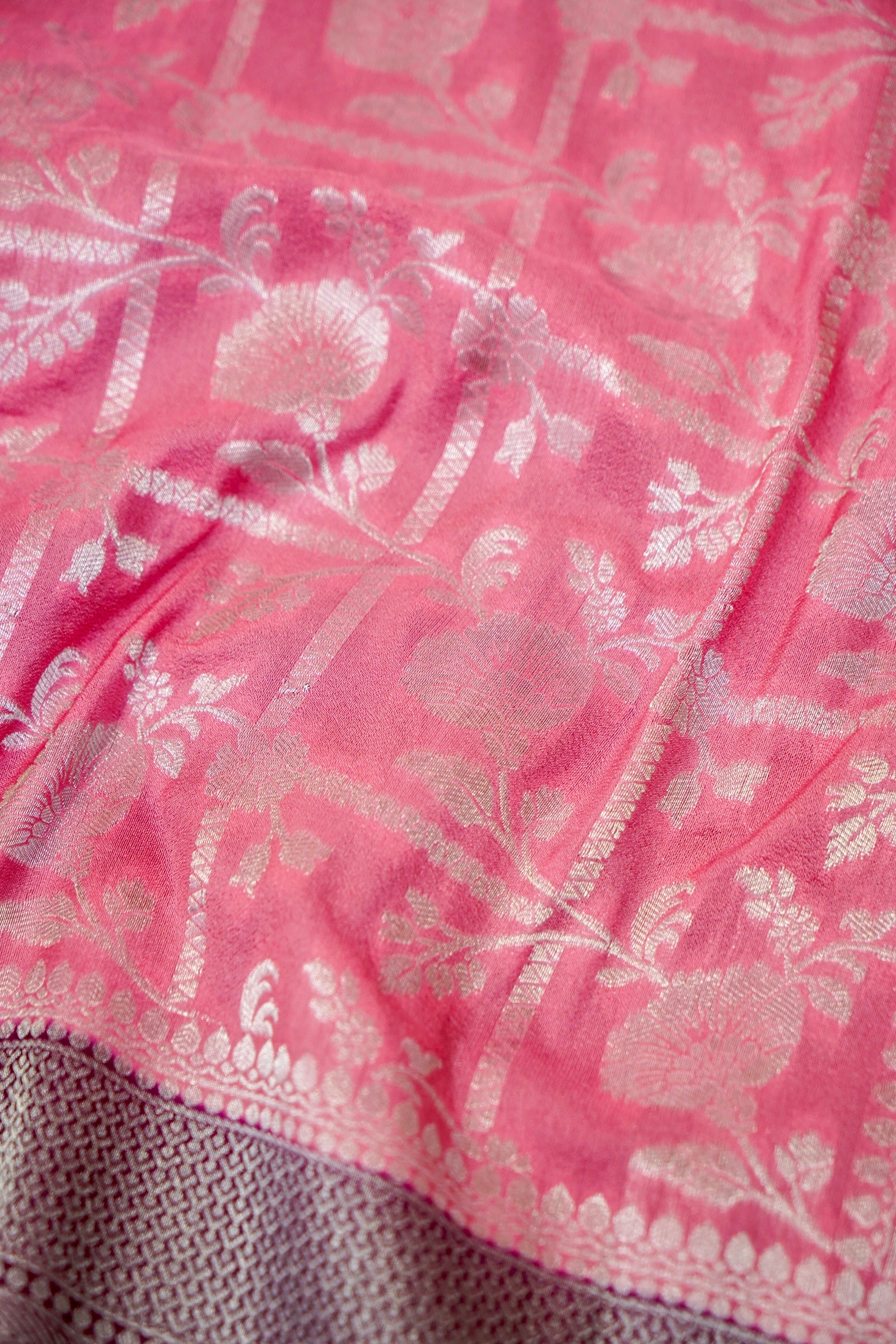 Baby Pink Semi Georgette Silk Saree with Burgundy Border