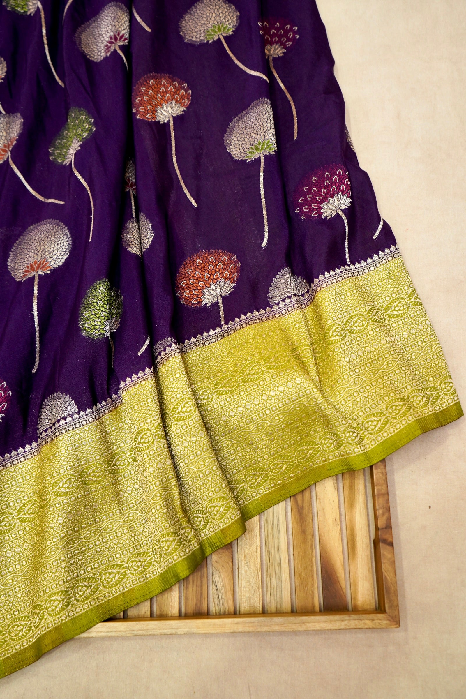 Dark Purple Semi Georgette Silk Saree with Pastel Green Border