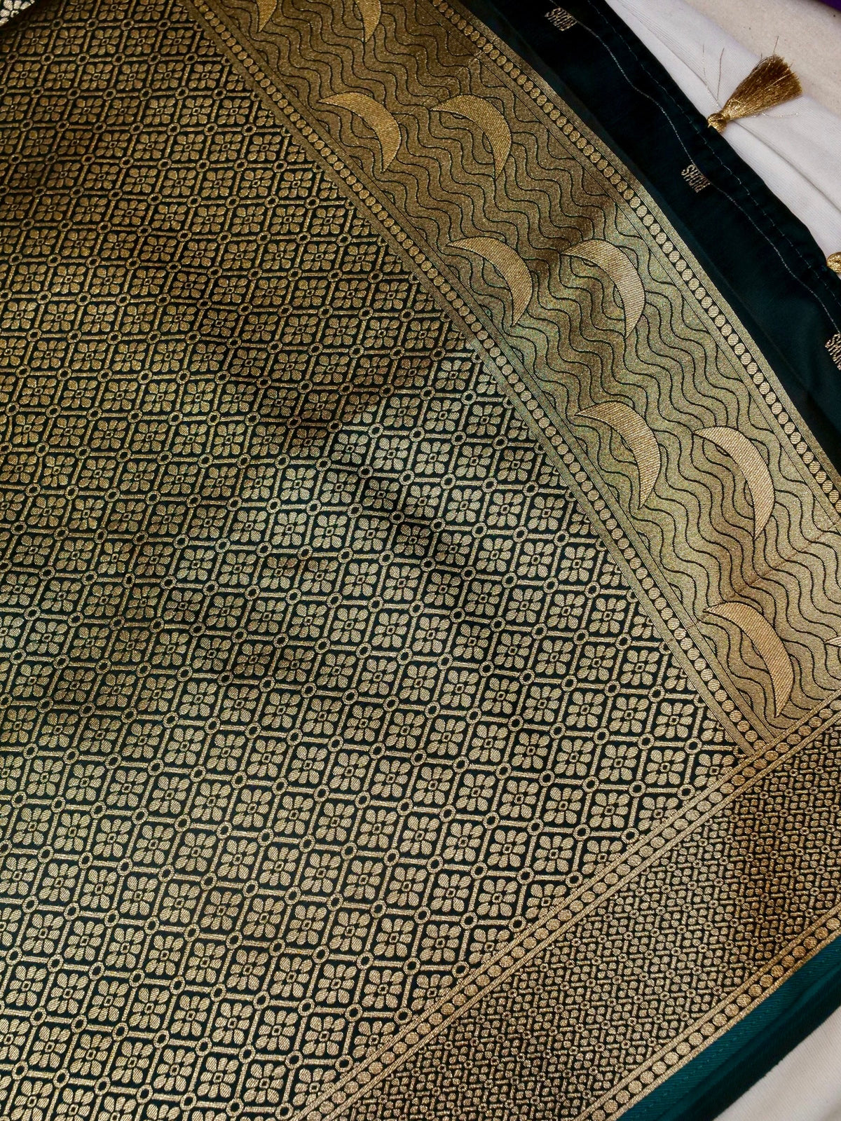 Nihar - Deep Teal Ghat Border Banarasi Silk Saree with Stitched Blouse