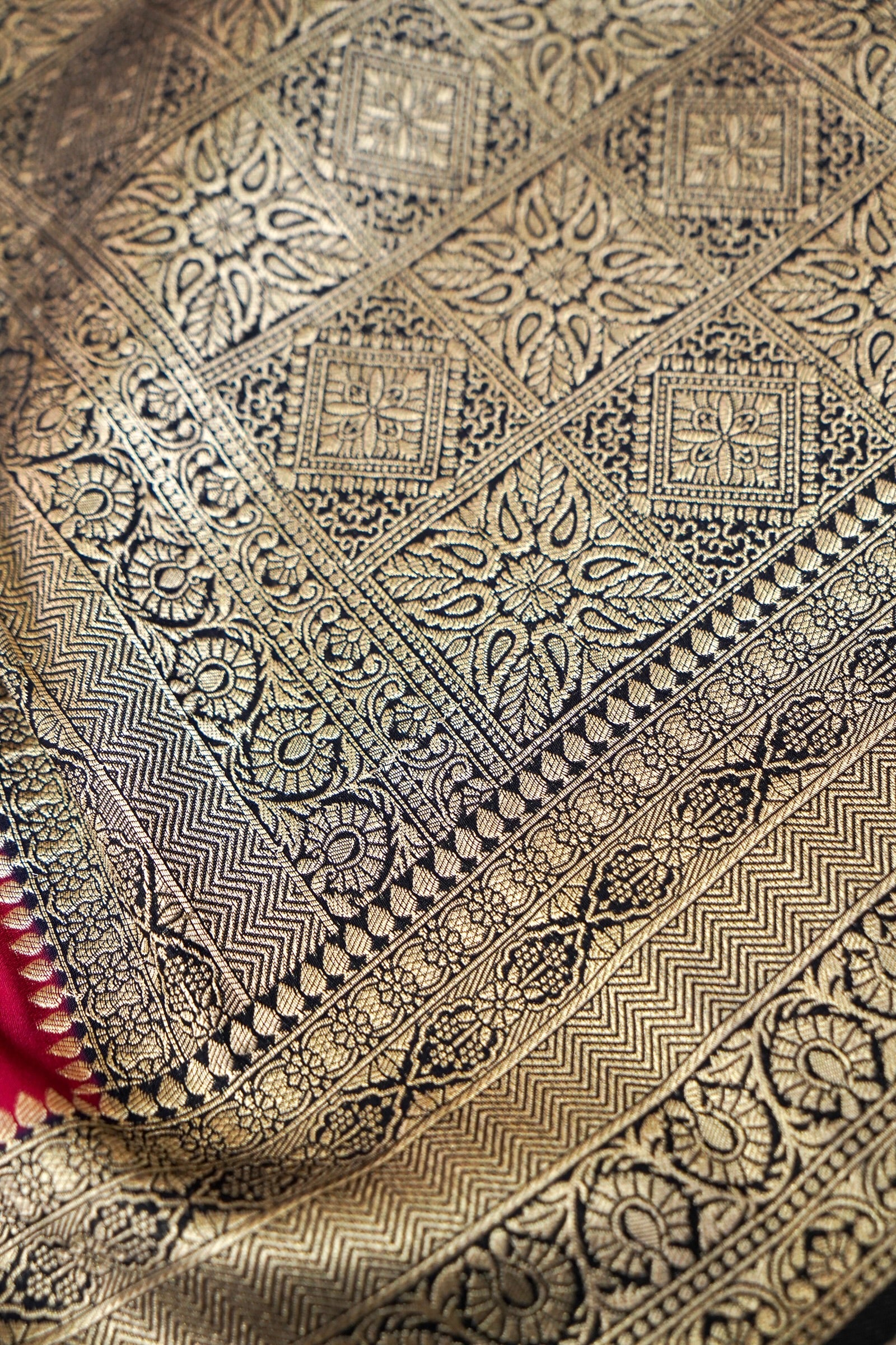 Crimson Red Crepe Georgette Silk Saree with Black and Gold Border