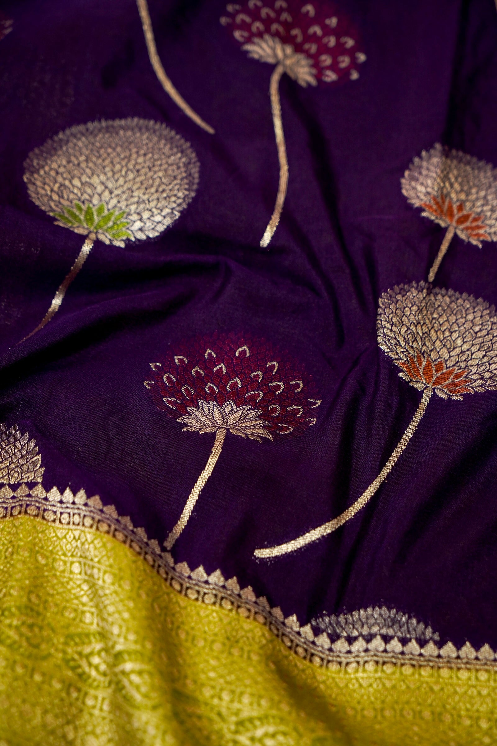 Dark Purple Semi Georgette Silk Saree with Pastel Green Border