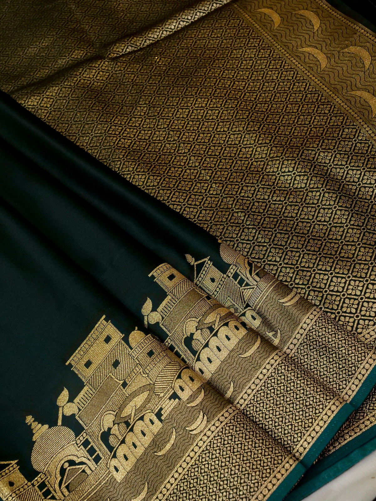 Nihar - Deep Teal Ghat Border Banarasi Silk Saree with Stitched Blouse